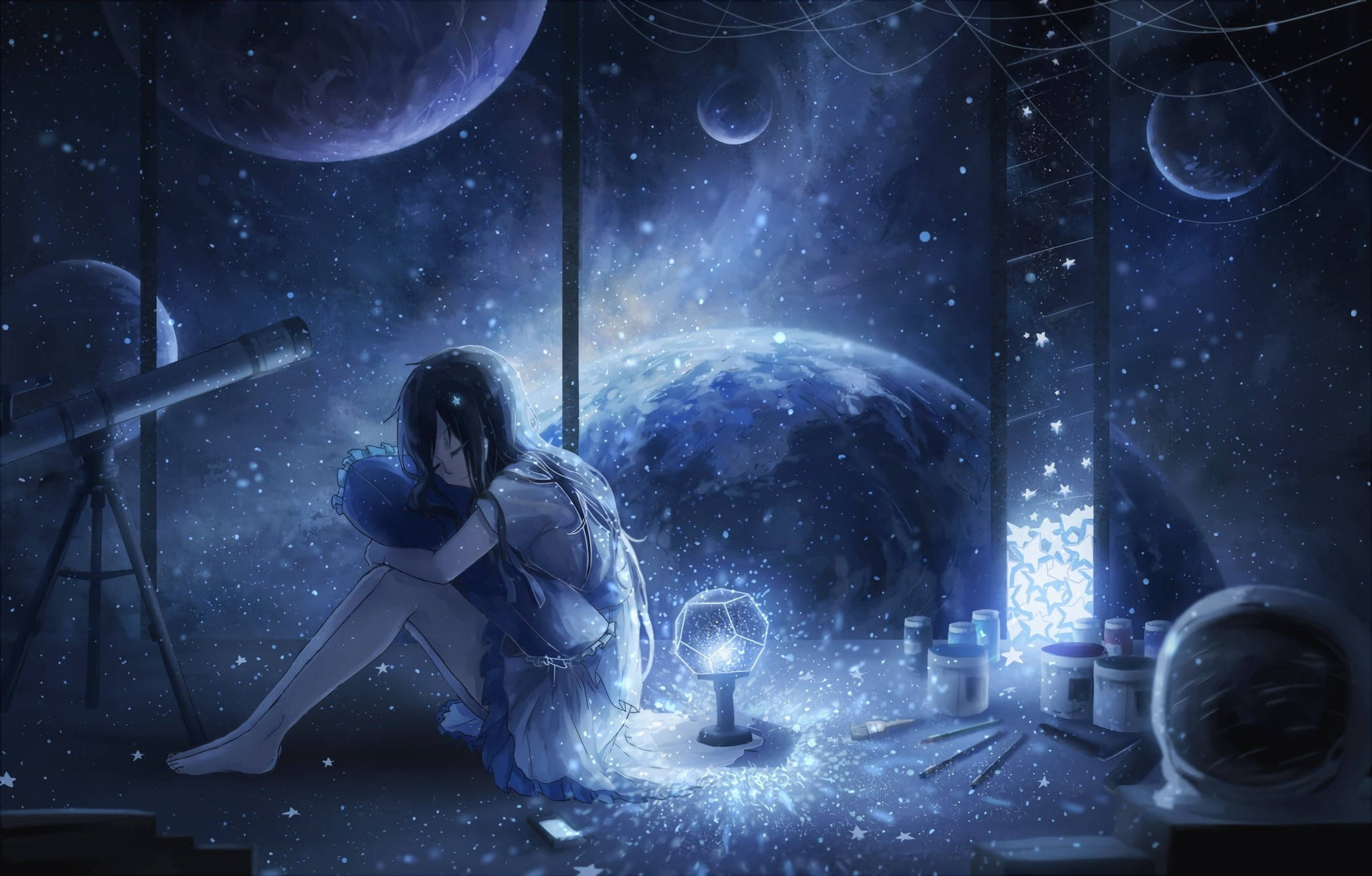 Anime Planet, lonely girl, starry cosmic room, Full HD Desktop Wallpaper