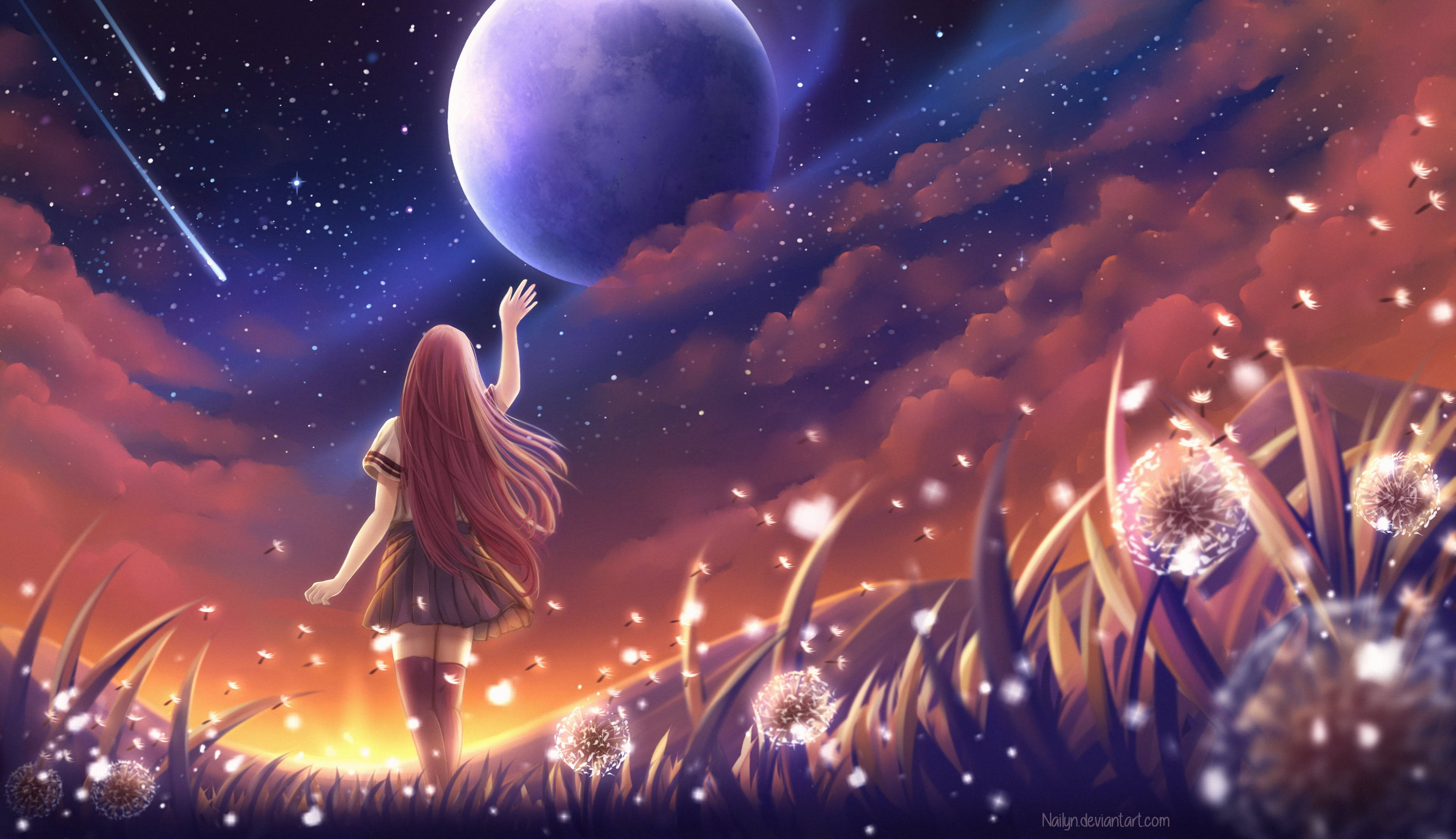 anime planet, giant moon, starry sky, 4K Desktop Wallpaper