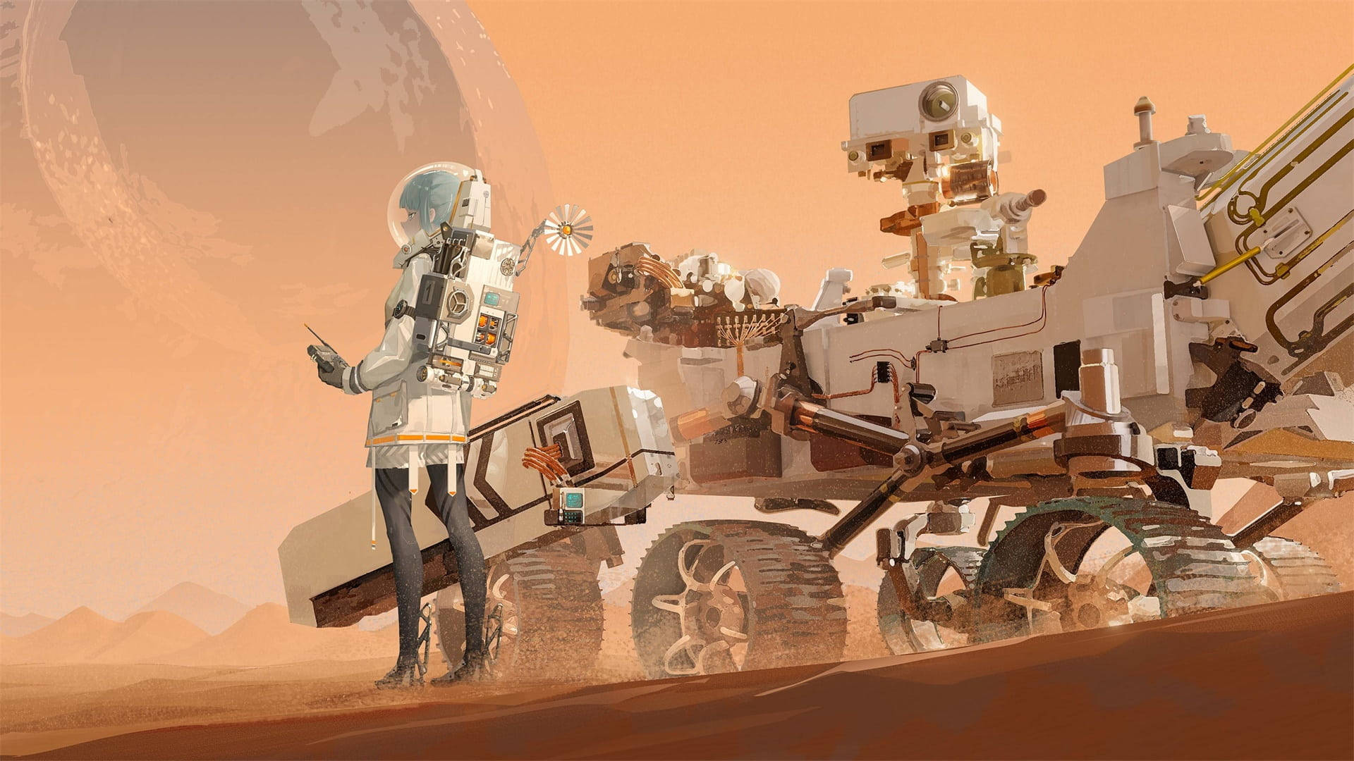 astronaut, anime planet, red planet, Full HD Desktop Wallpaper