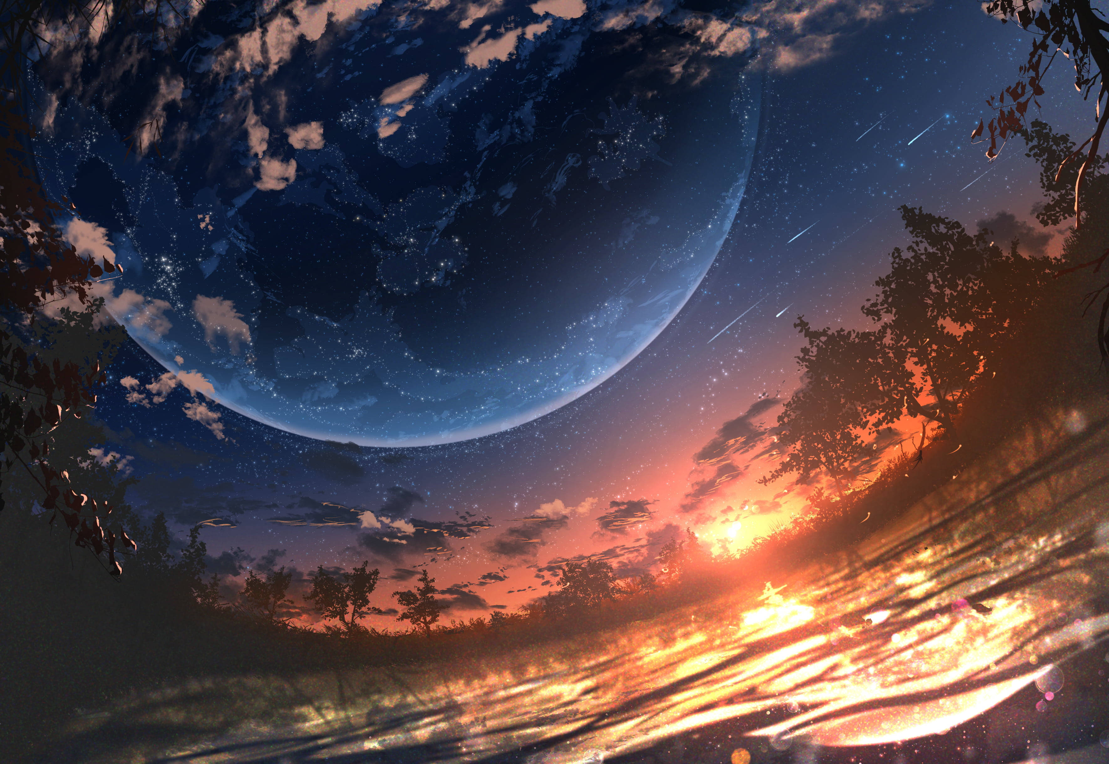 Anime Planet, sunset, forest clearing, 2K Desktop Wallpaper