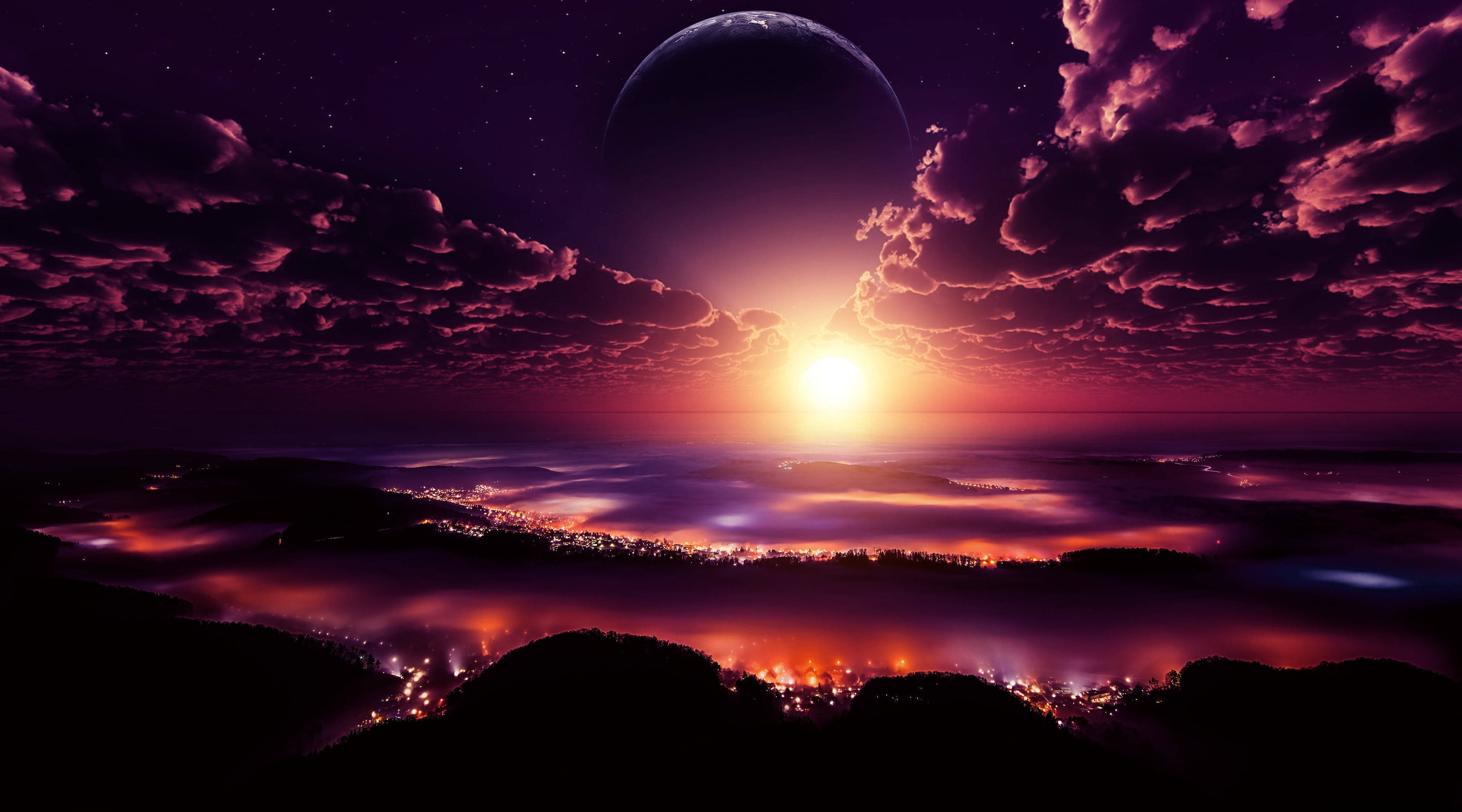 Anime Planet, sunset, misty valley, 4K Desktop Wallpaper