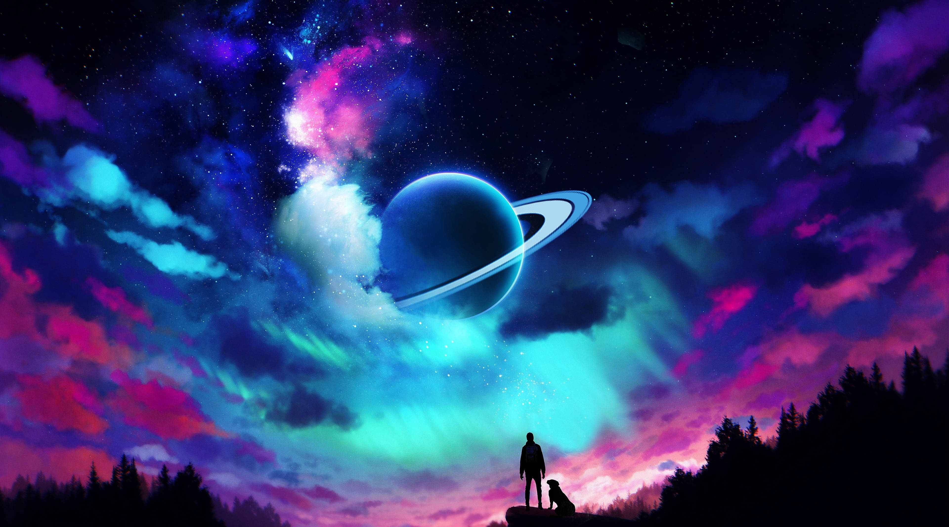 Anime Planet, glowing ringed planet, vibrant cosmic sky, 4K Desktop Wallpaper