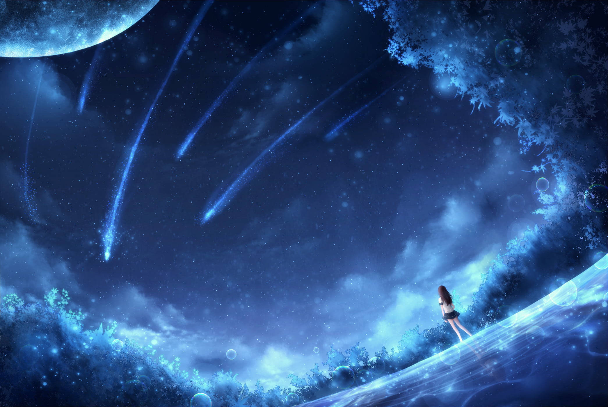 Anime Planet, shooting stars, starry sky, Full HD Desktop Wallpaper