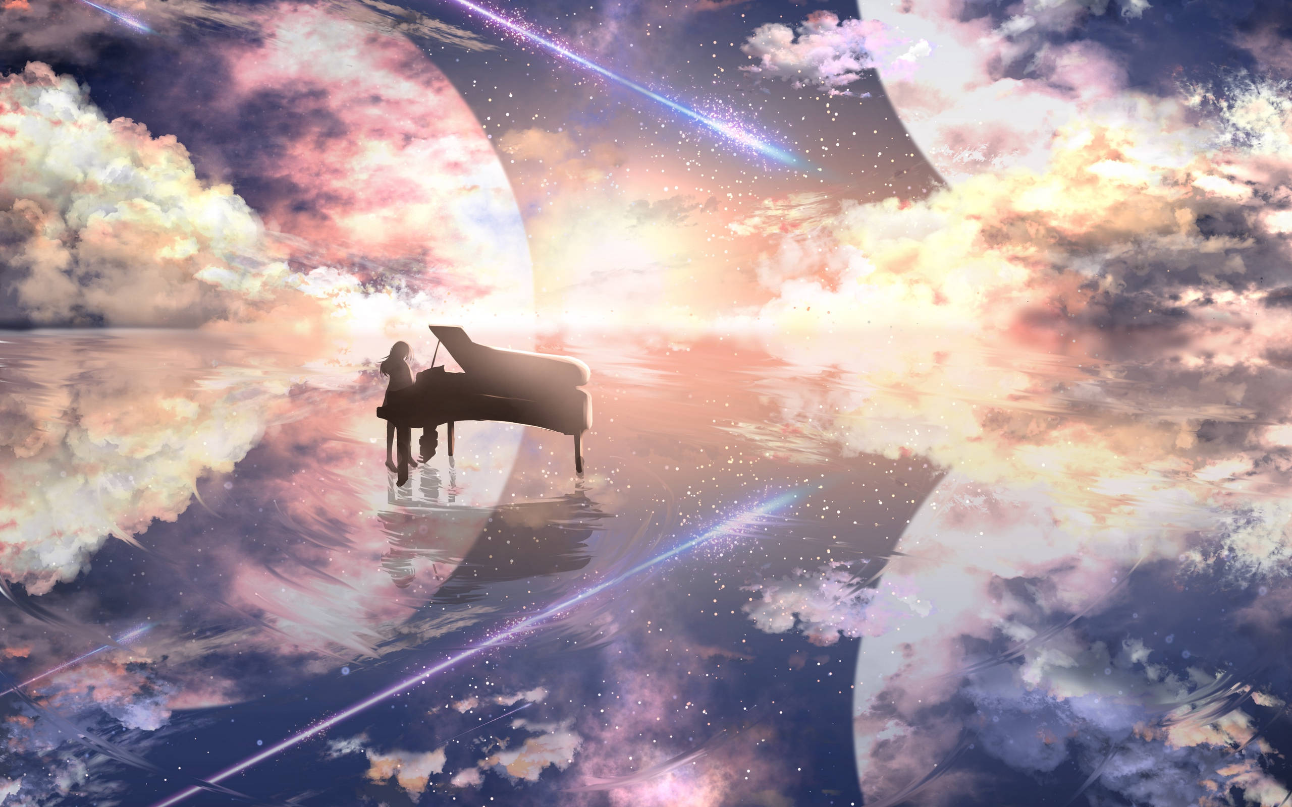 pianist, grand piano, cosmic ocean, 2K Desktop Wallpaper