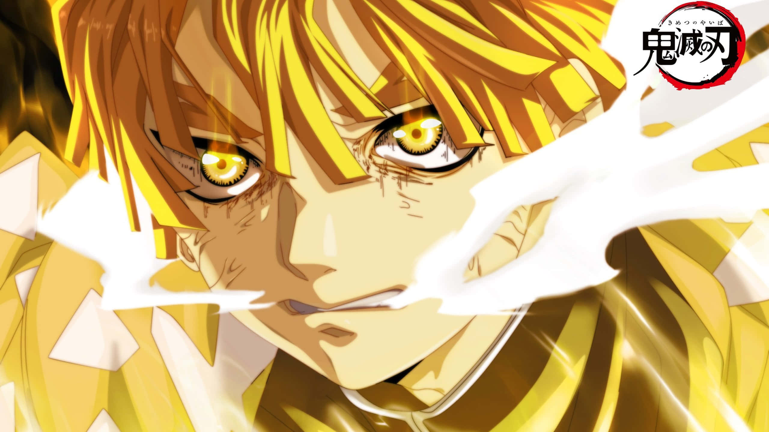 yellow anime, golden hair, intense yellow eyes, 2K Desktop Wallpaper