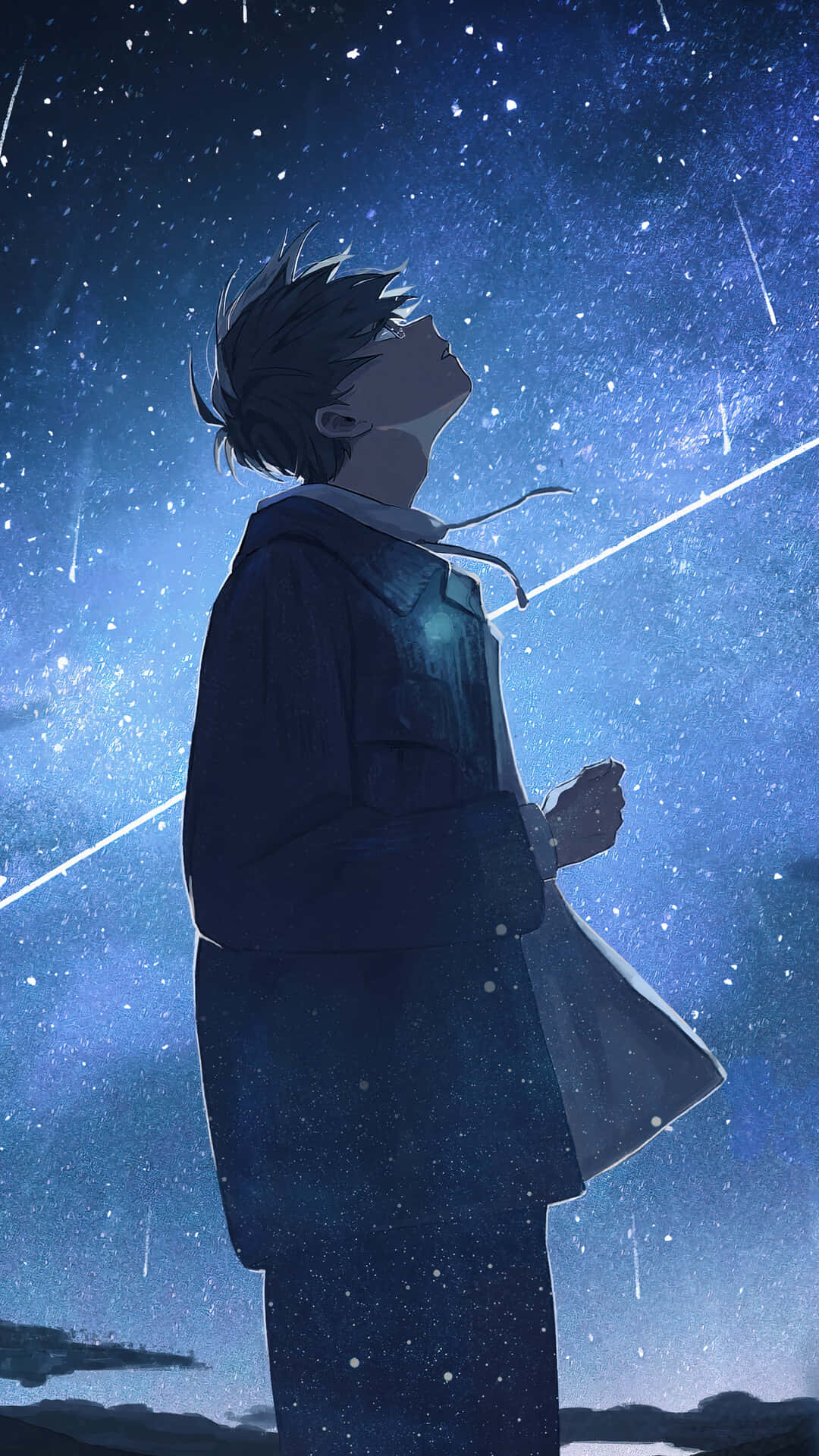 young anime boy, coat, vibrant starry night sky, Full HD Phone Wallpaper