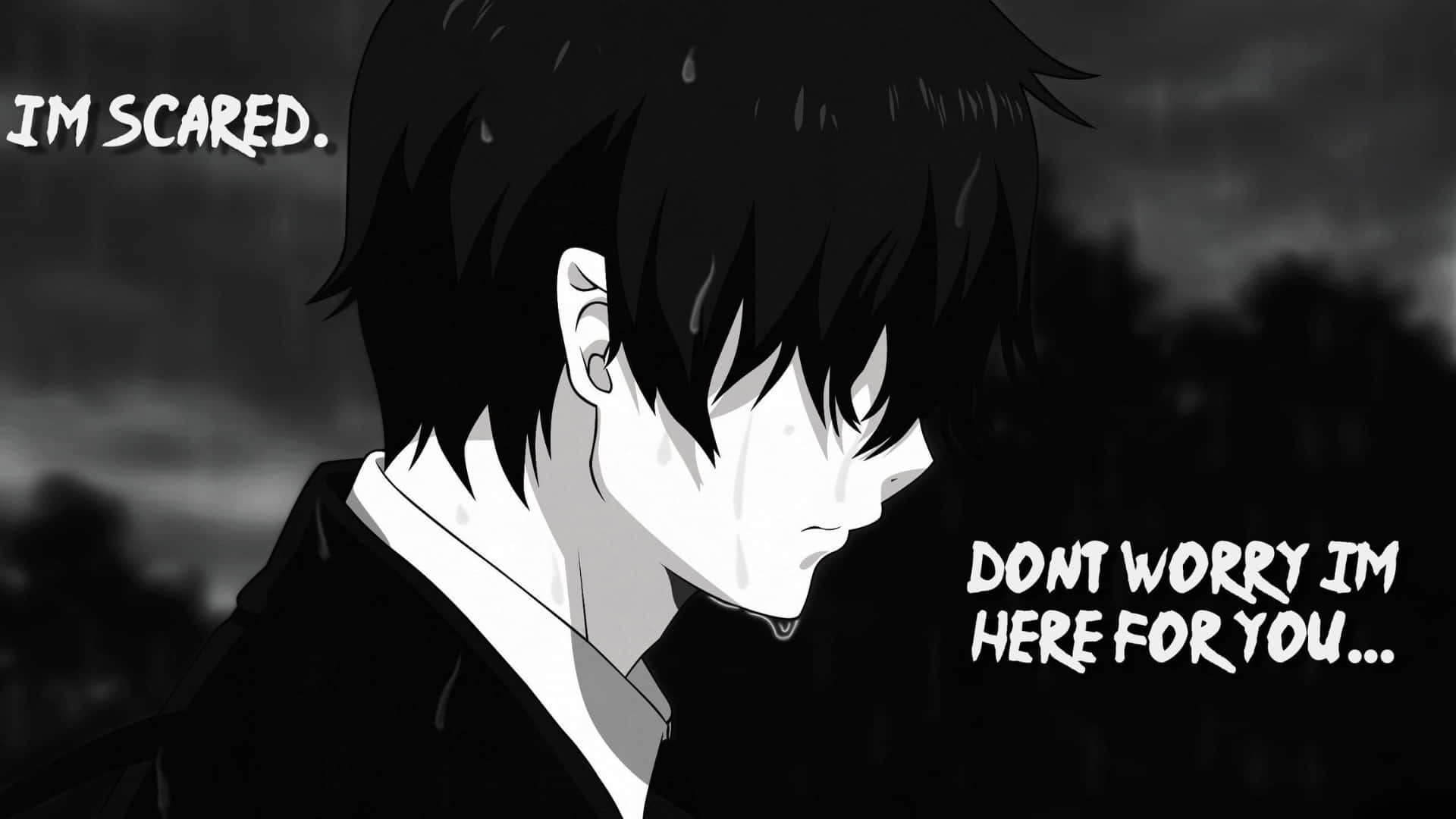 black and white anime character, tears on his face, whispers fear, Full HD Desktop Wallpaper