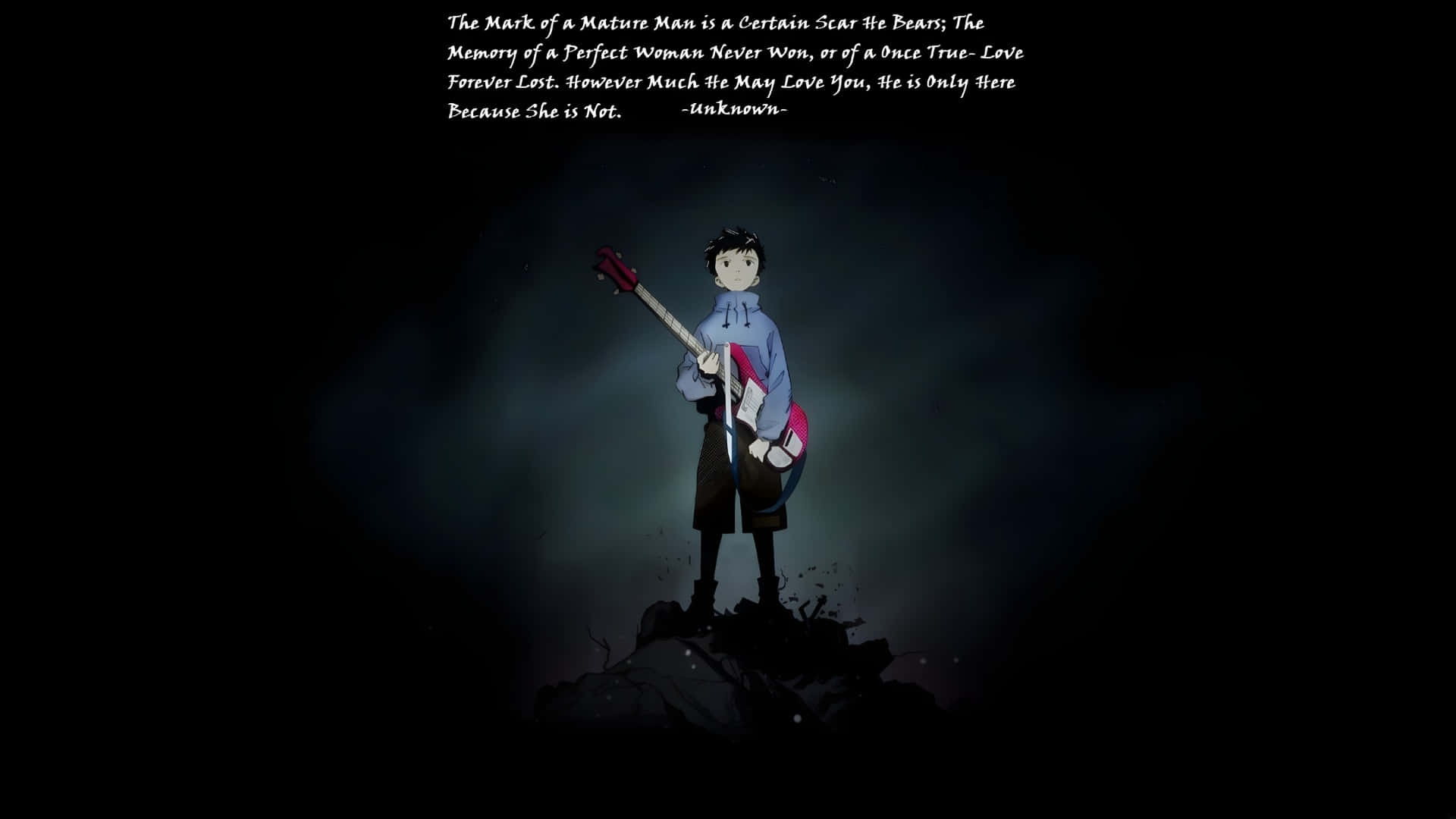 anime boy, dark rocky outcrop, red and white electric guitar, Full HD Desktop Wallpaper