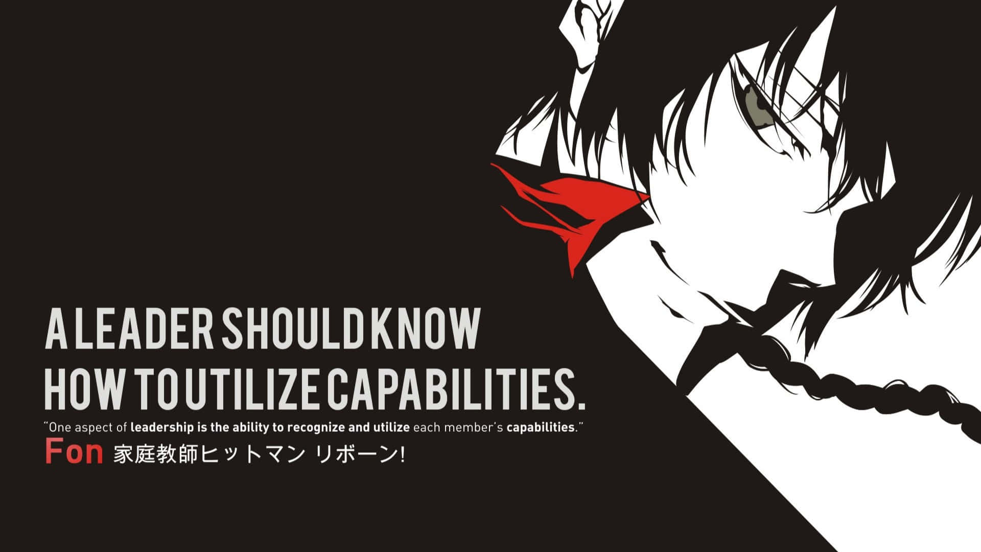 black and white anime character, red scarf, bold white text, Full HD Desktop Wallpaper