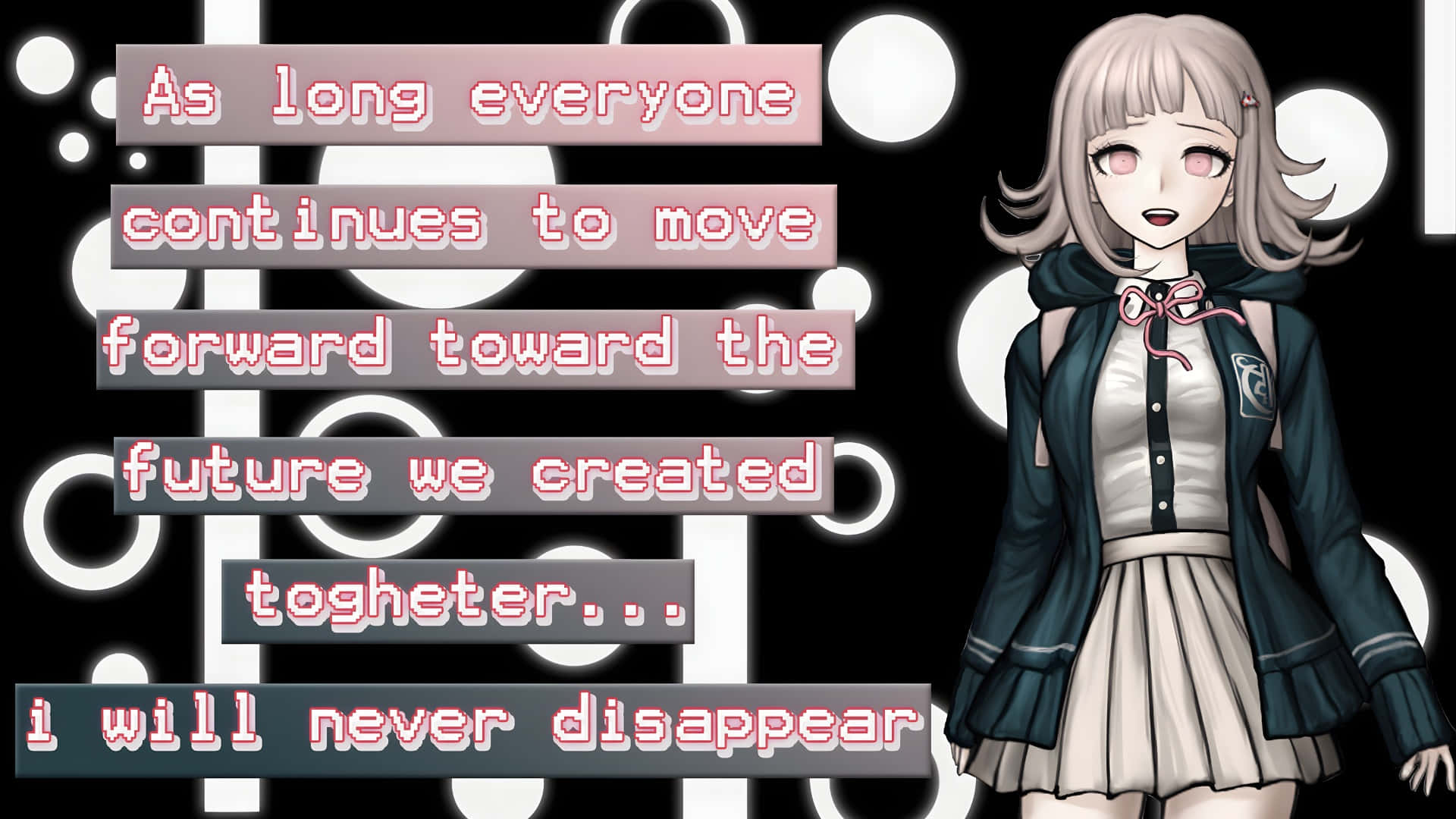 pale-haired anime girl, dark school uniform, floating text, Full HD Desktop Wallpaper