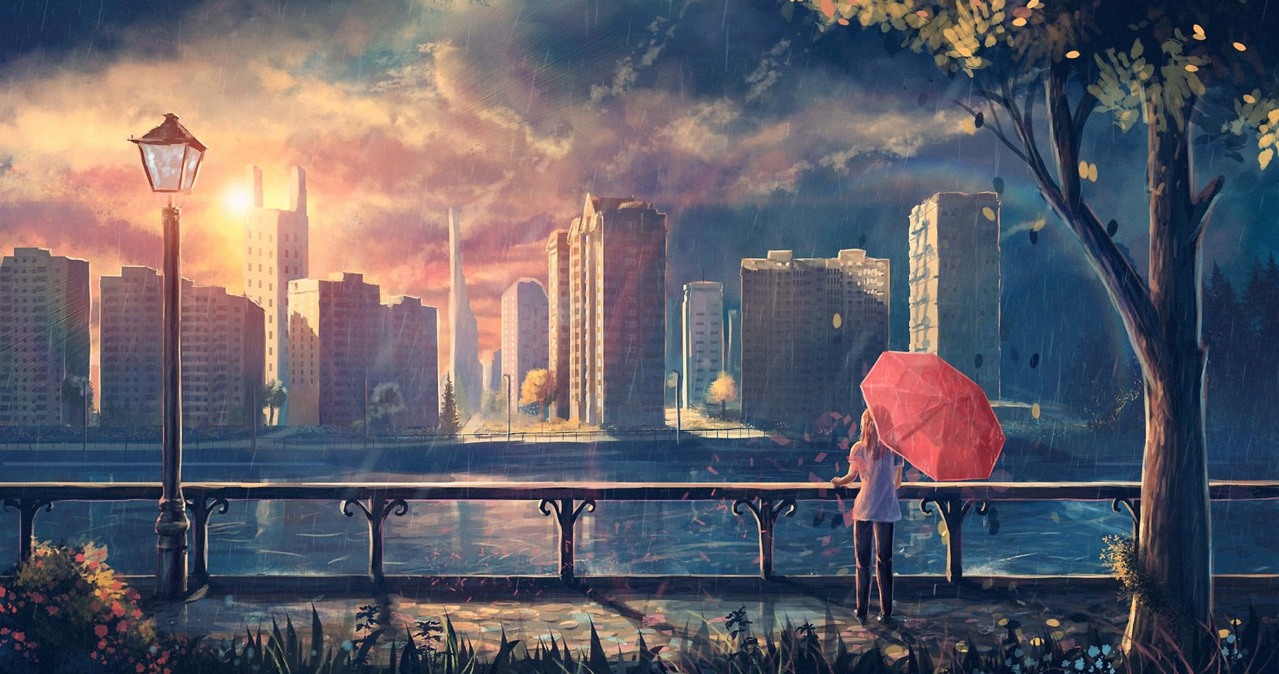 red umbrella, rainy cityscape, sunset, 4K Desktop Wallpaper