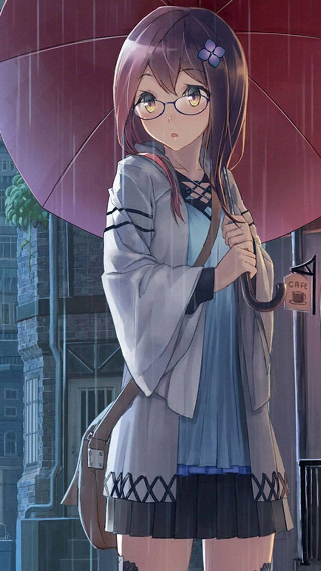 anime girl, red umbrella, rain, SD Phone Wallpaper