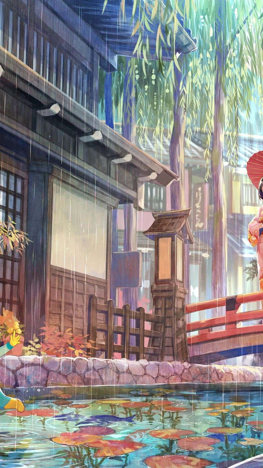Traditional Japan Home Anime, red bridge, pond of lily pads, HD Phone Wallpaper