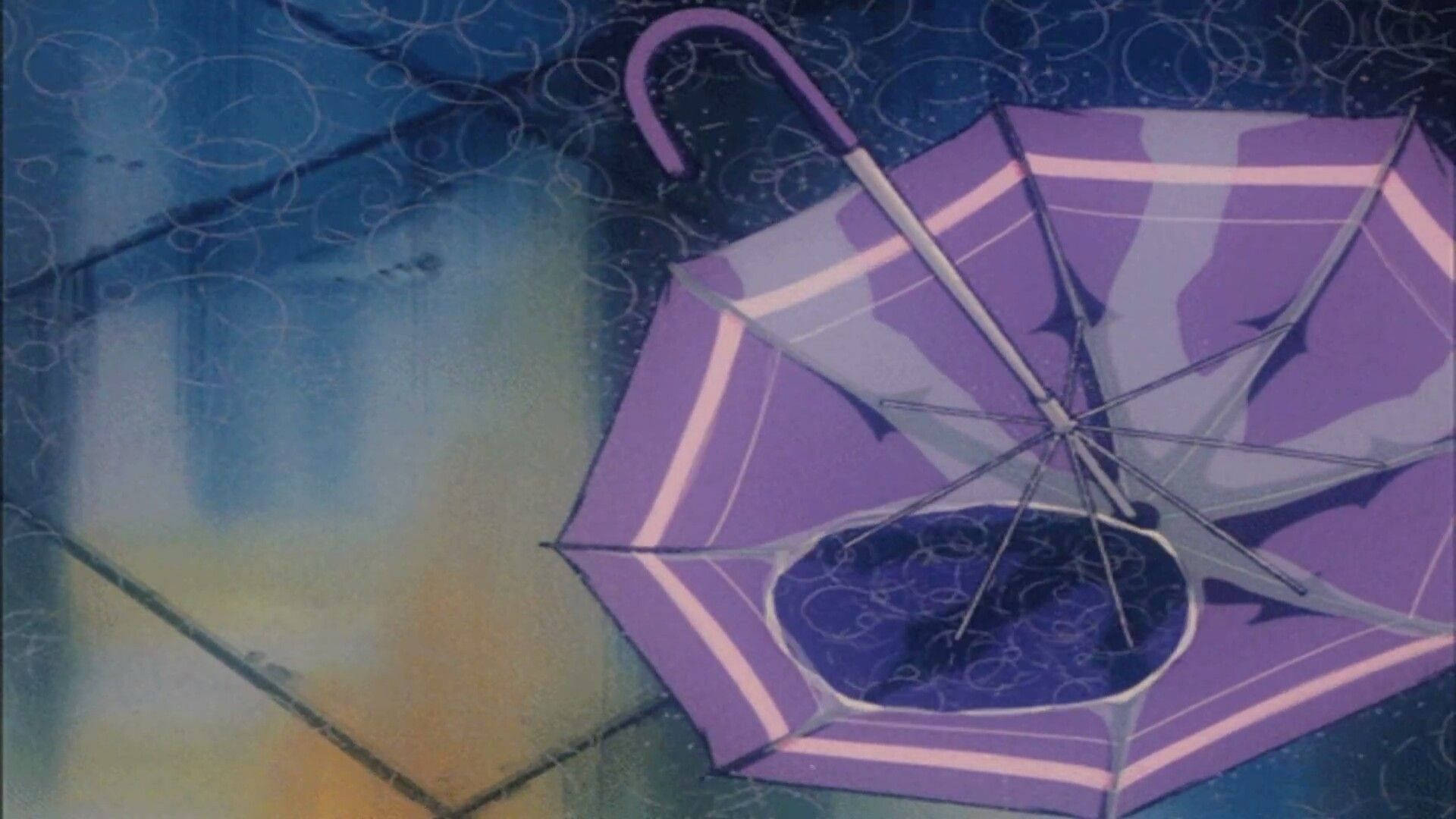 90s anime aesthetic, purple umbrella, white stripes, Full HD Desktop Wallpaper