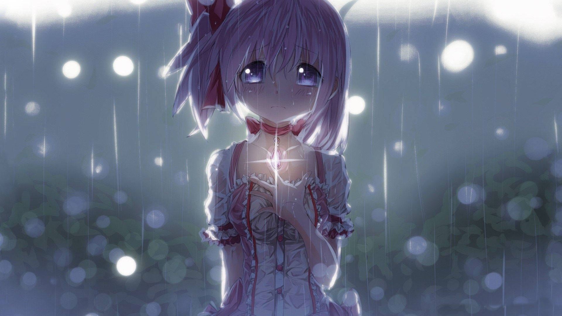 purple-haired anime girl, white dress, rain, Full HD Desktop Wallpaper