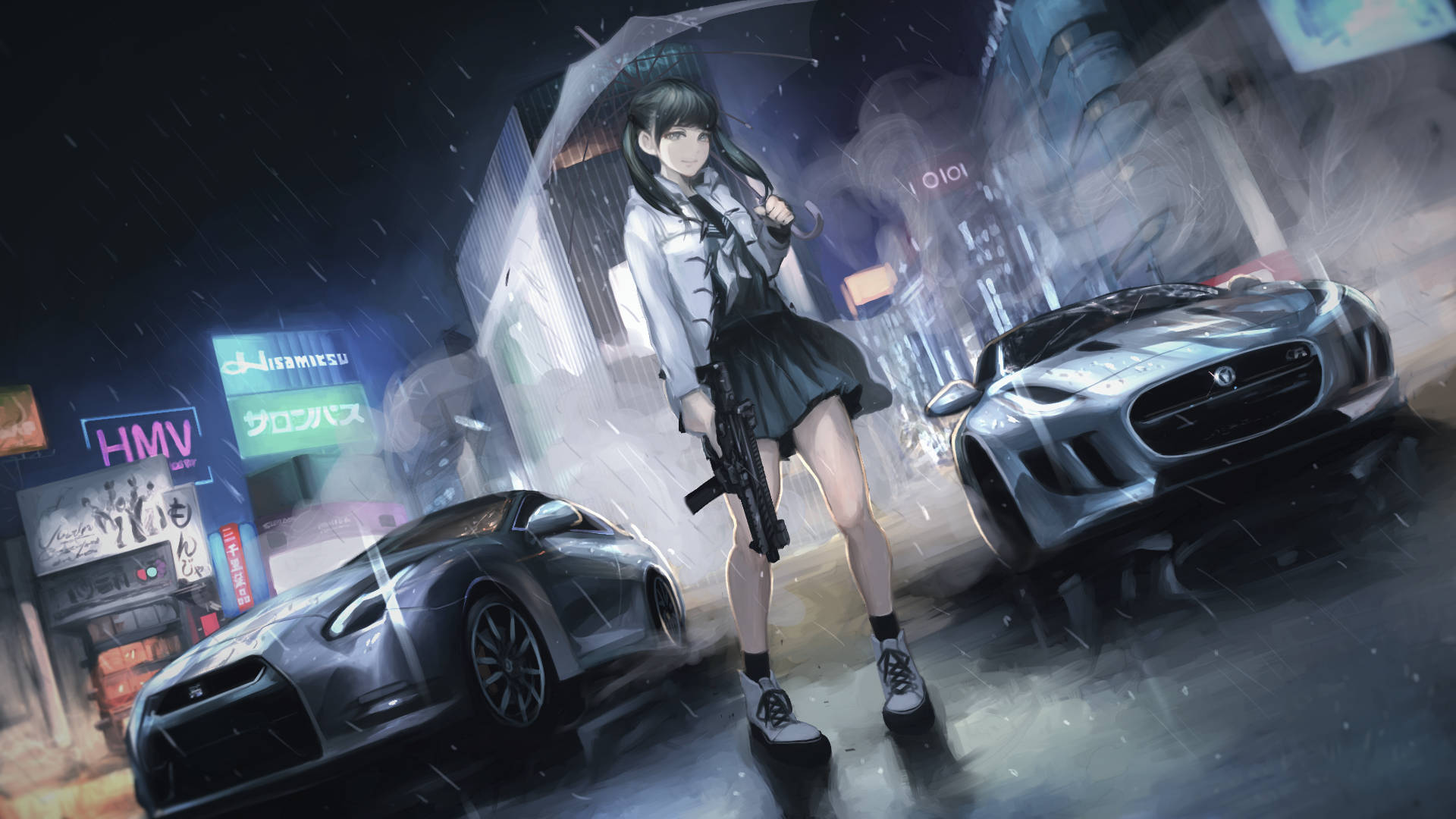 anime girl, rifle, umbrella, Full HD Desktop Wallpaper