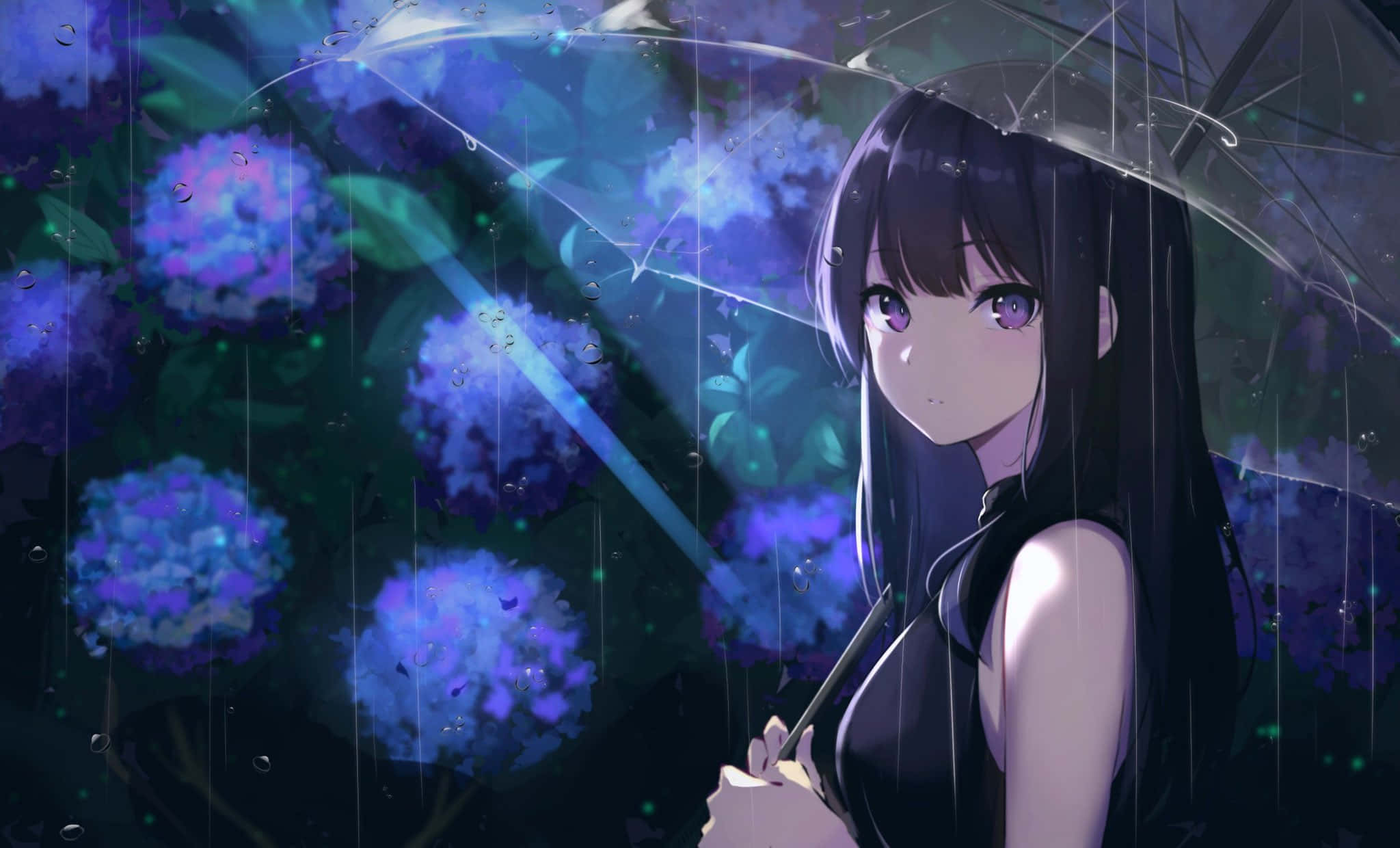 anime girl, purple eyes, clear umbrella, Full HD Desktop Wallpaper
