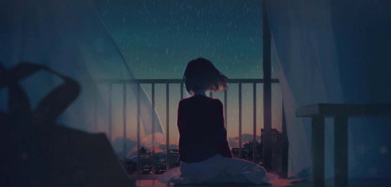 Calm Anime Rain Falling, balcony, dusk, SD Desktop Wallpaper