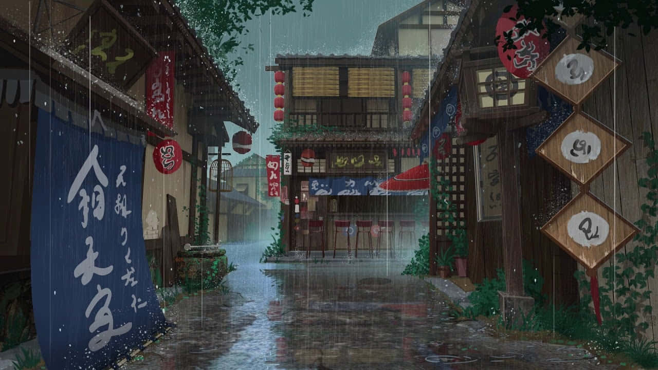 Anime Rain, traditional Japanese street, wooden buildings, HD Desktop Wallpaper