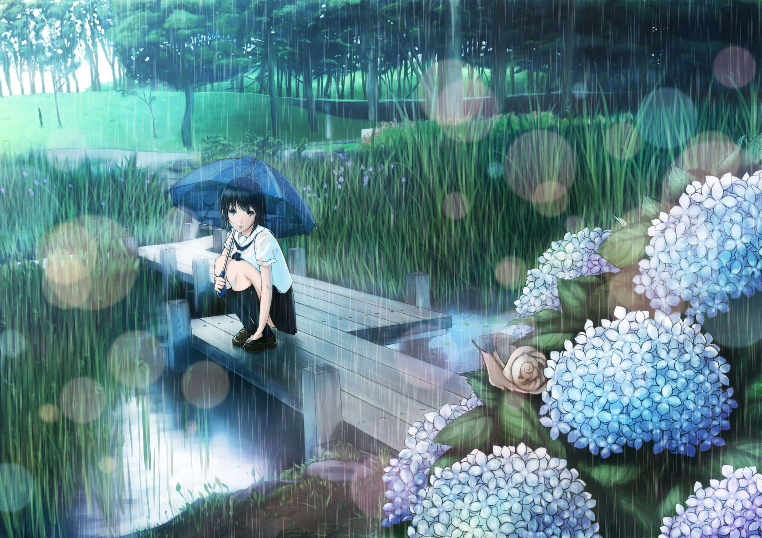 anime girl, dark hair, wooden dock, Full HD Desktop Wallpaper