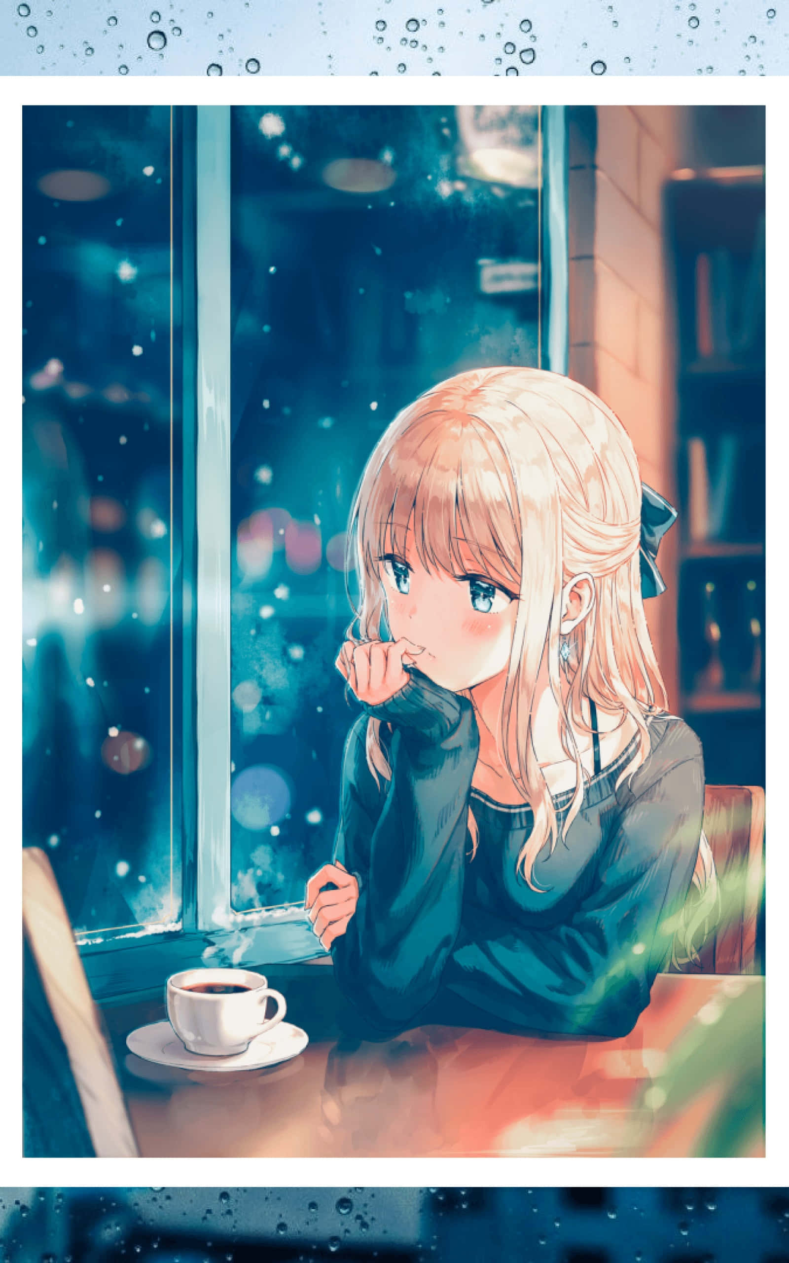 blonde anime girl, dark sweater, cafe table, 2K Phone Wallpaper