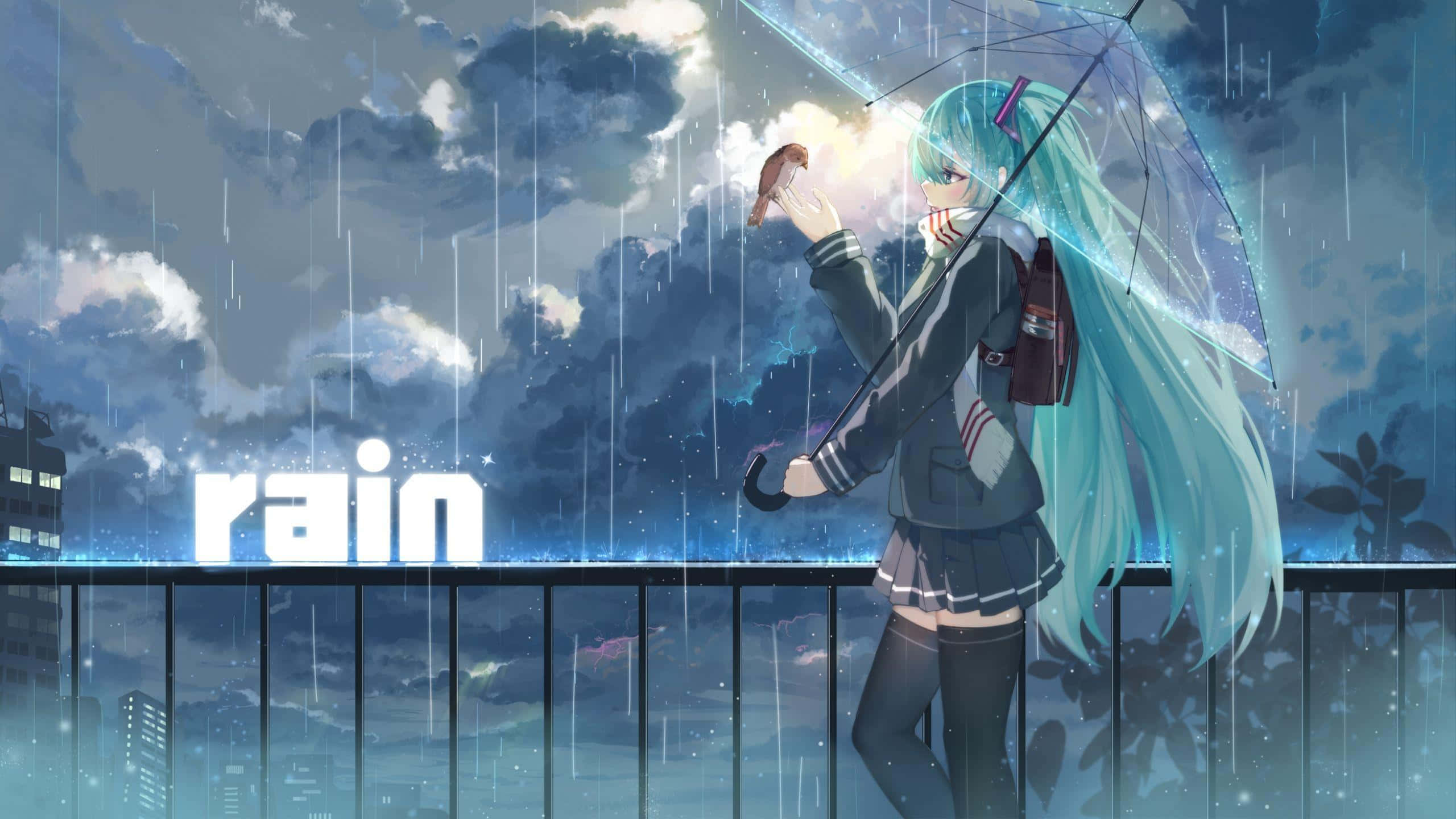 teal-haired anime girl, school uniform, umbrella, 2K Desktop Wallpaper