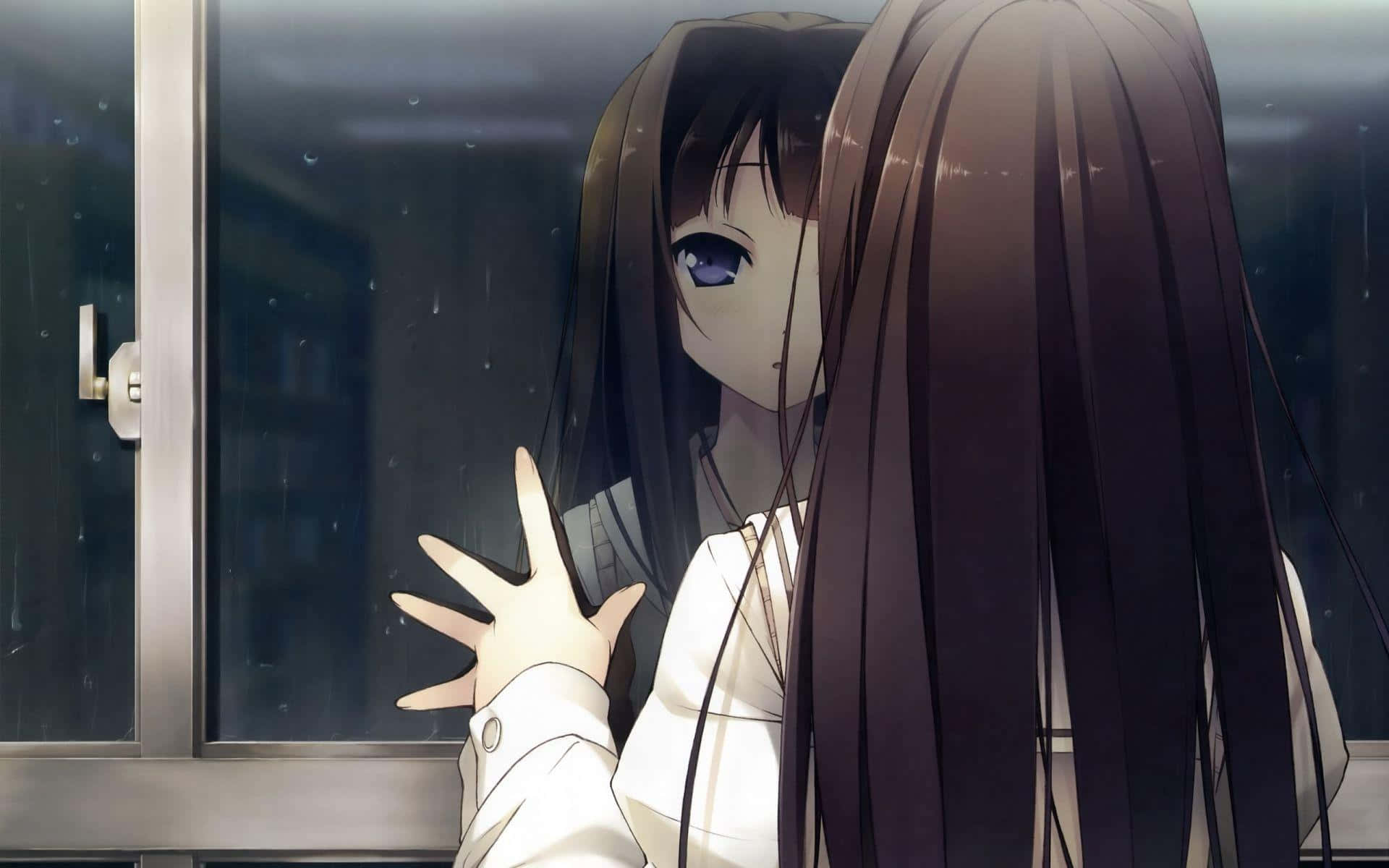 anime girl, long dark hair, rain-streaked window, Full HD Desktop Wallpaper