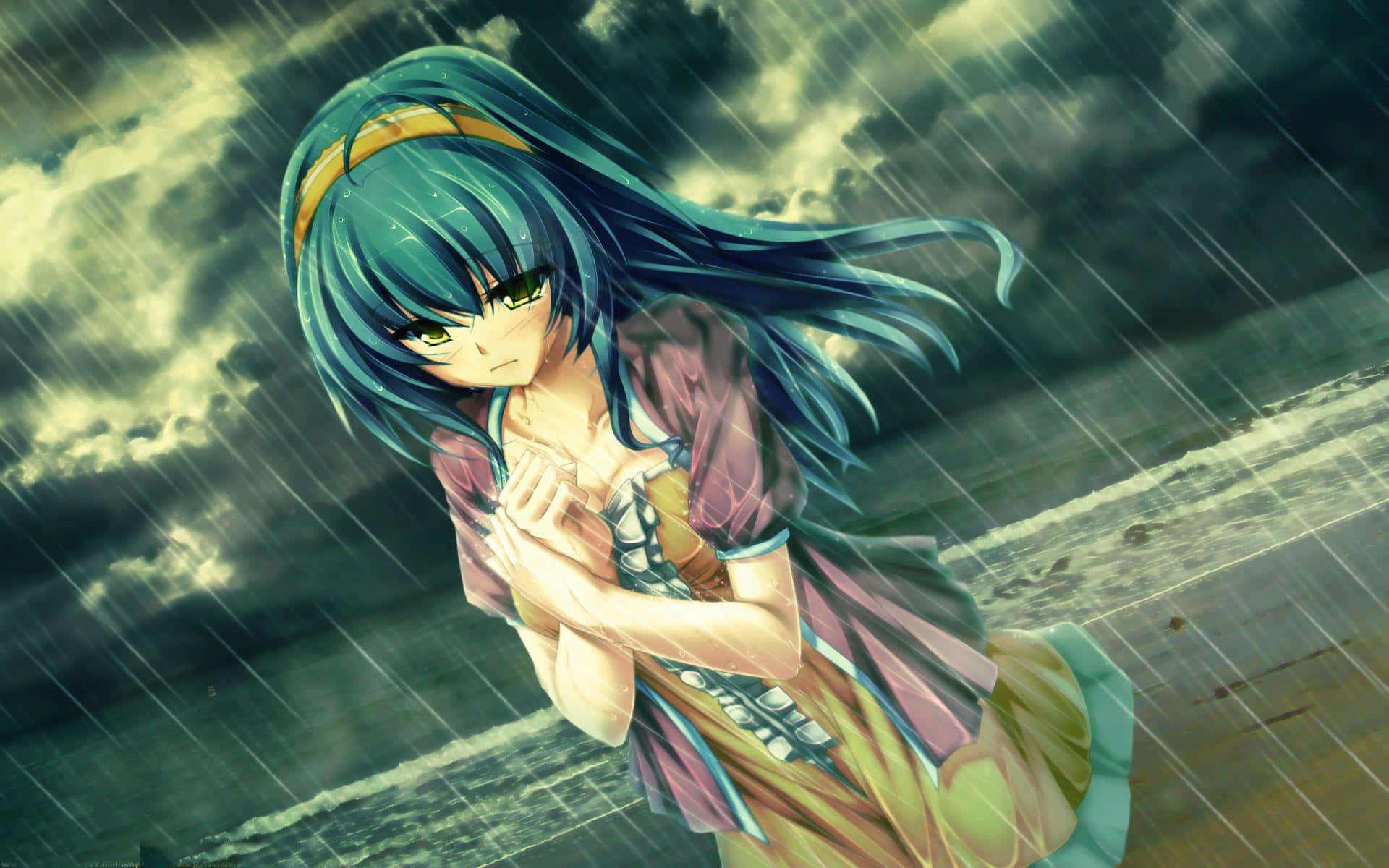 teal-haired anime girl, purple dress, stormy beach, Full HD Desktop Wallpaper