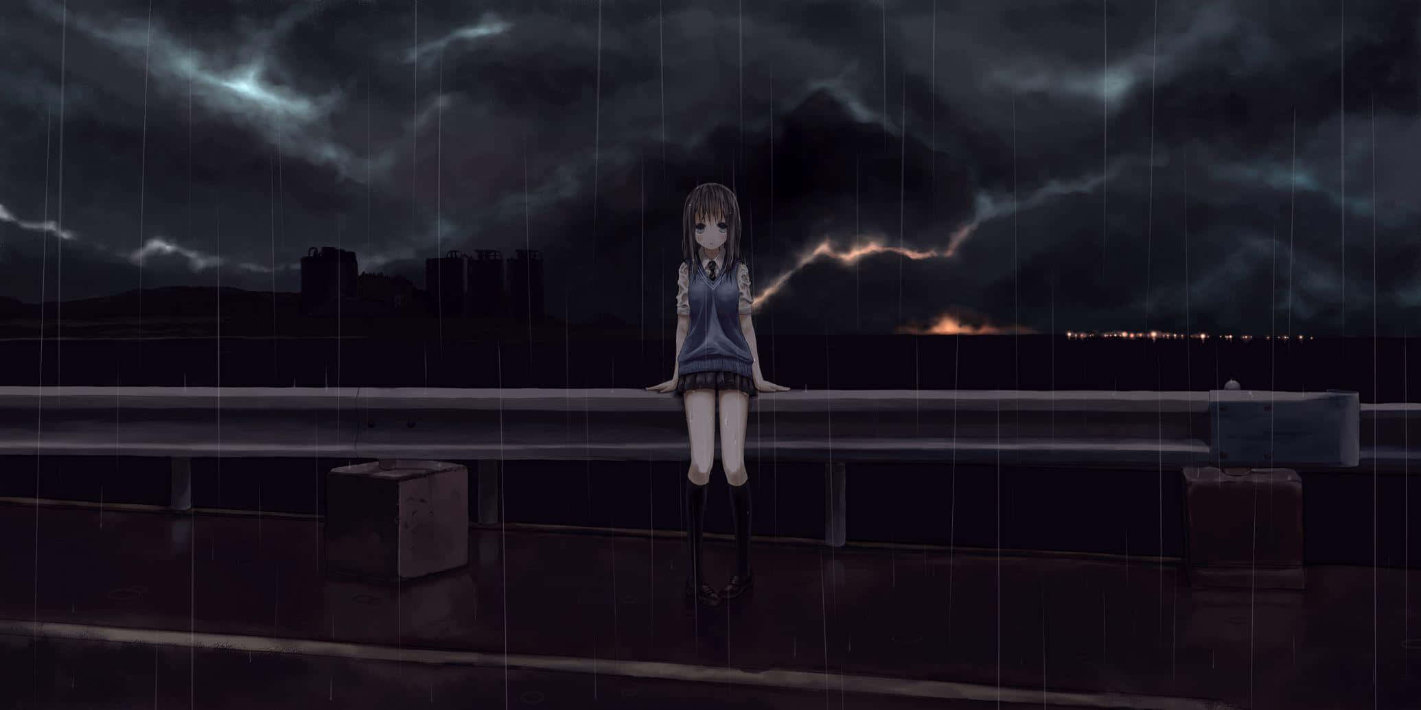 anime girl, school uniform, wet overpass, Full HD Desktop Wallpaper