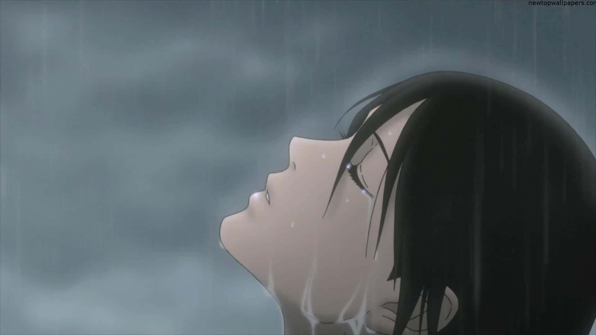 anime girl, black hair, rain, Full HD Desktop Wallpaper