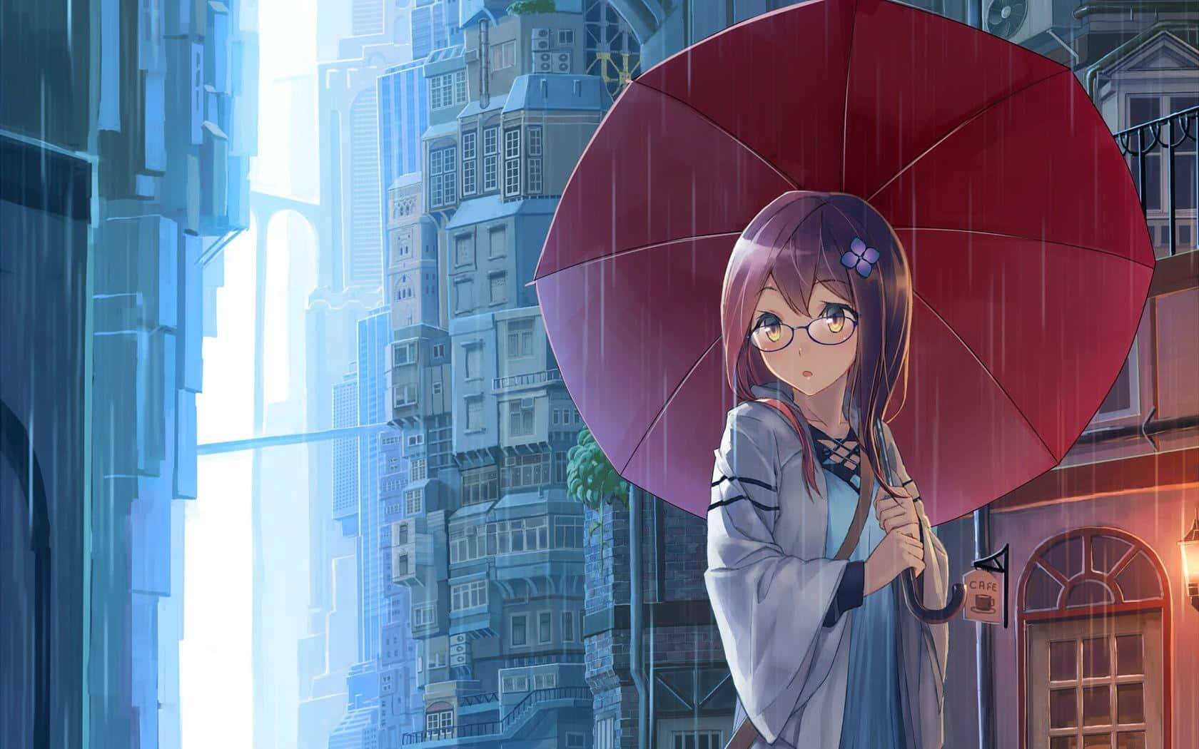 anime girl, red umbrella, rainy futuristic cityscape, HD Desktop Wallpaper