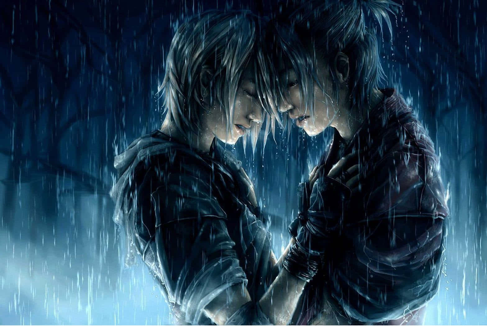 Anime Rain, torrential downpour, dark blue rainy night, HD Desktop Wallpaper