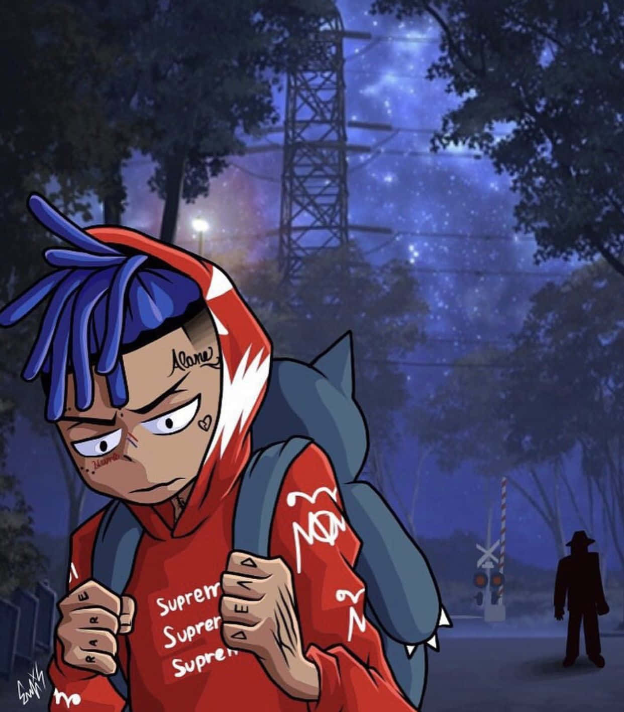 anime rapper, blue dreadlocks, red hoodie, HD Phone Wallpaper