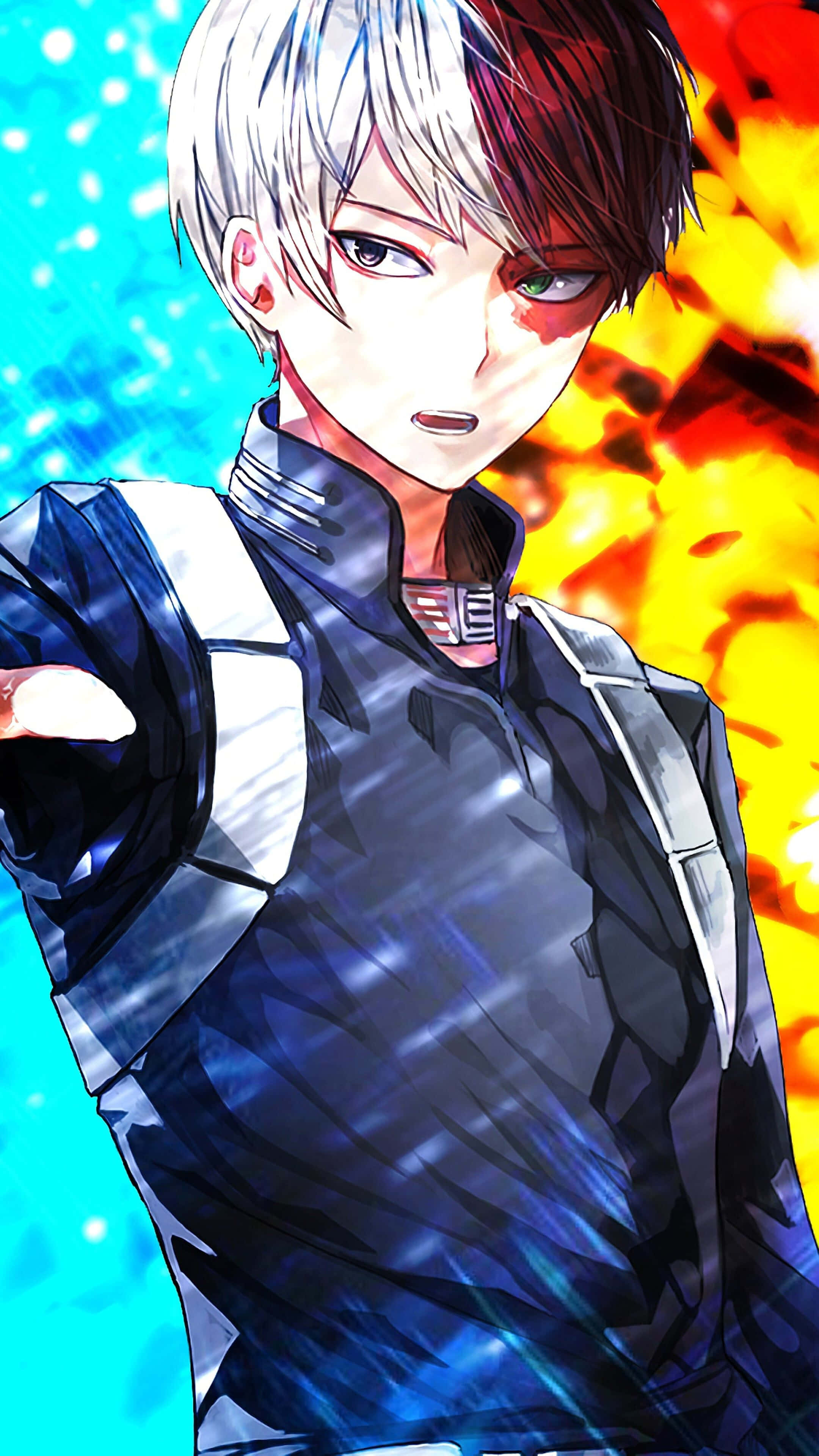 Anime Rapper, half-blue half-red hair, contrasting blue and fiery orange backgrounds, 4K Phone Wallpaper