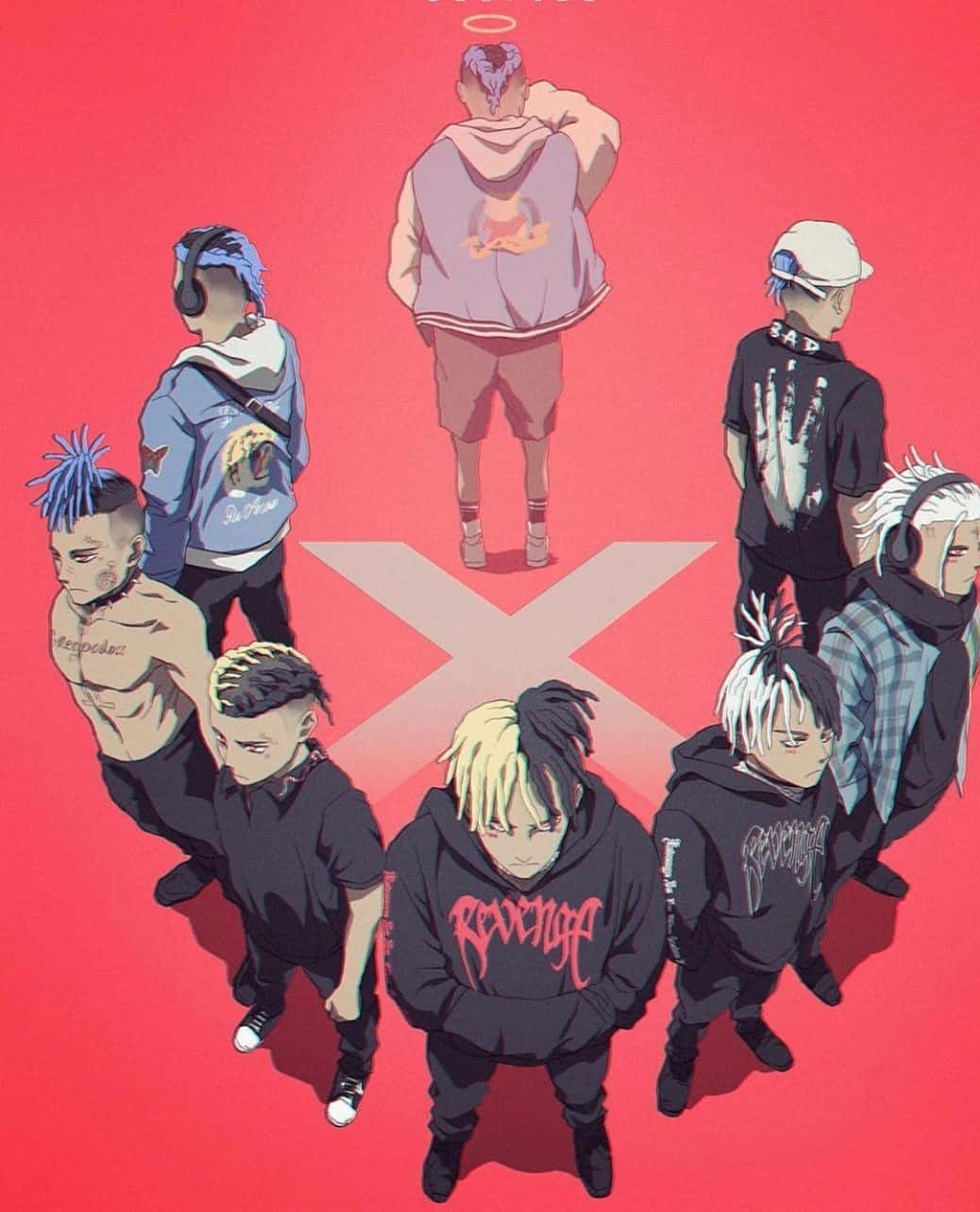 Anime Rapper, seven stylized anime youths, central figure, HD Phone Wallpaper