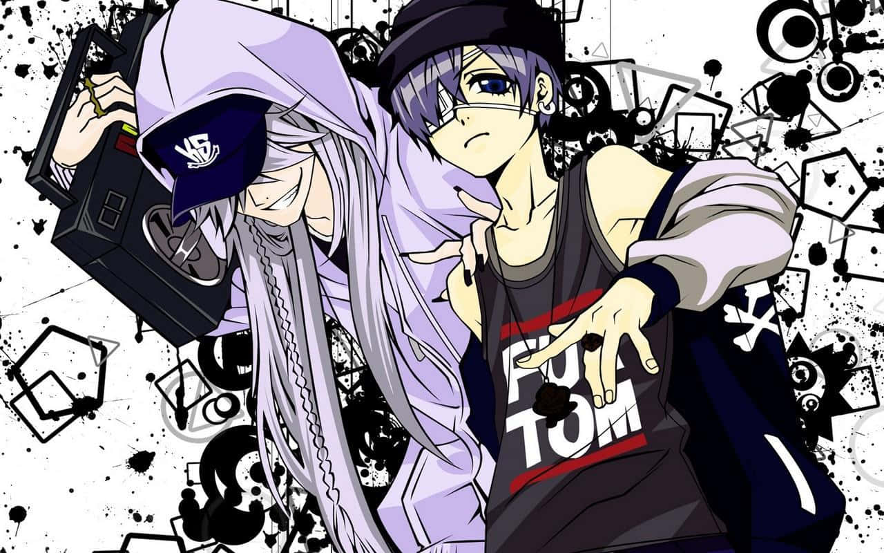 anime rapper, purple hair, chaotic black and white splatter background, HD Desktop Wallpaper