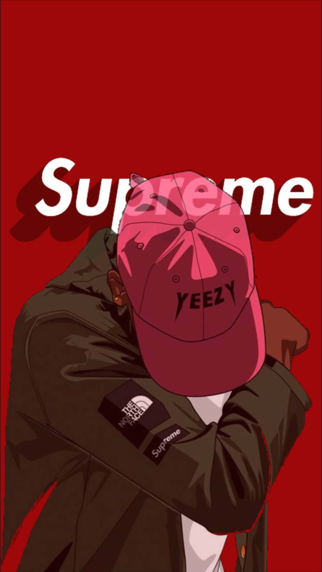 pink Yeezy cap, olive jacket, bold red background, Full HD Phone Wallpaper