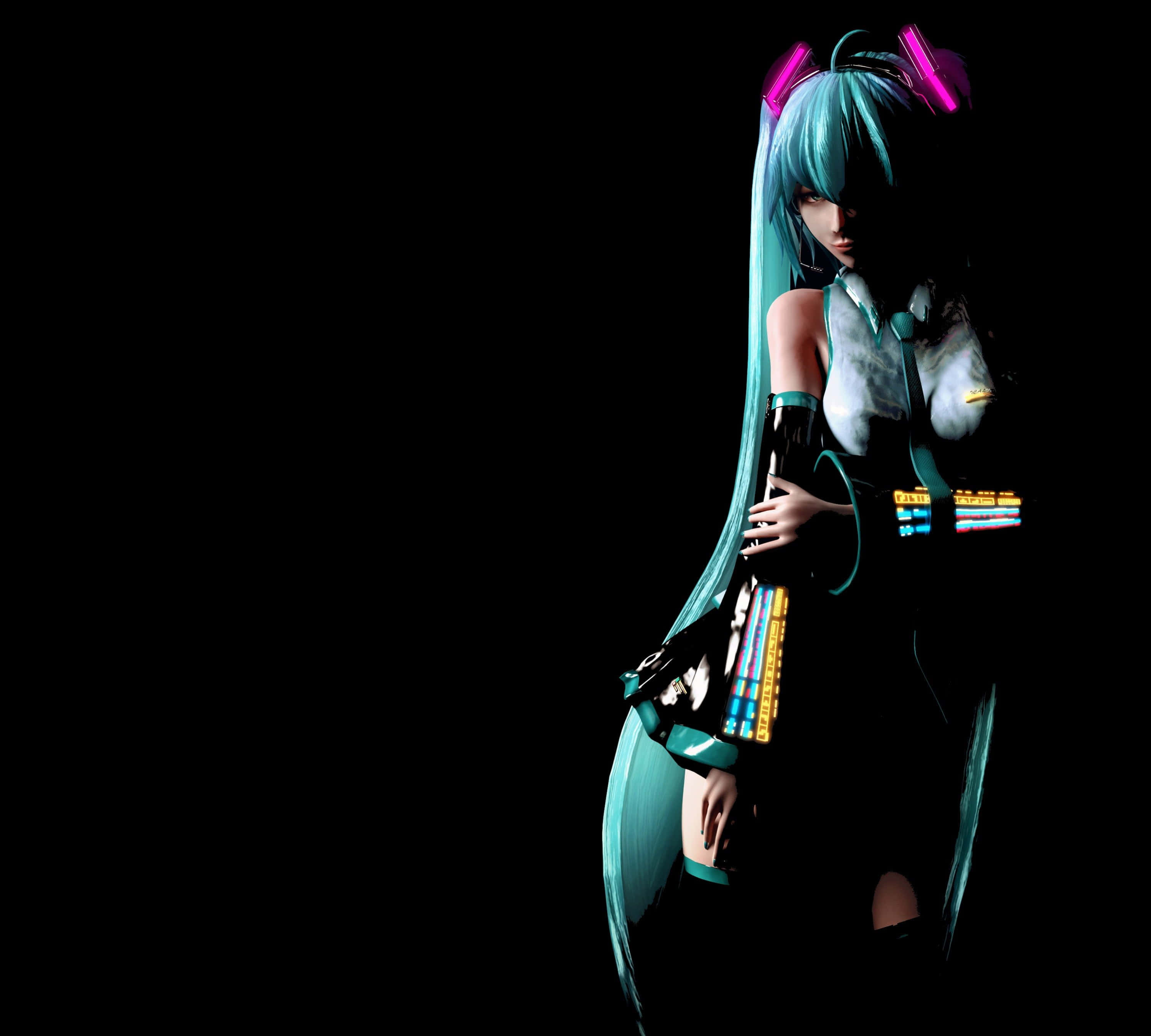 cyberpunk anime girl, glowing cyan hair, neon pink accessories, 2K Desktop Wallpaper