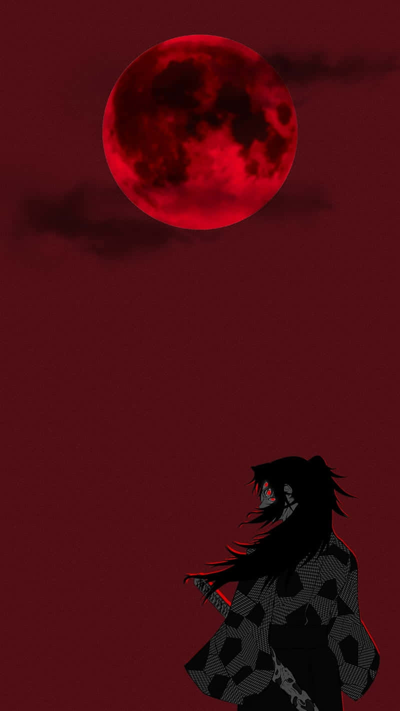 Red Moonand Silhouette, dark-haired anime character, checkered kimono, HD Phone Wallpaper