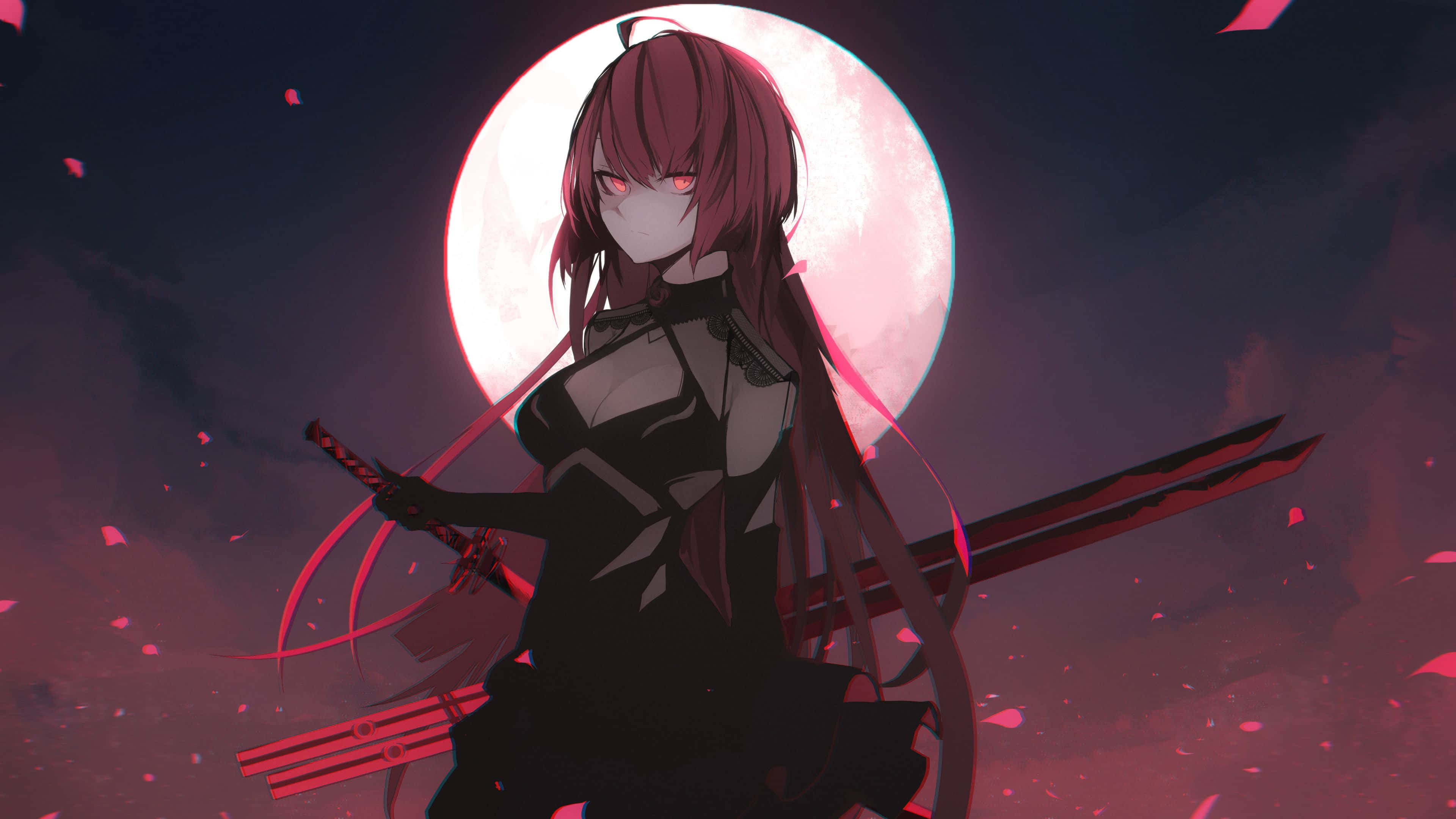 red-haired anime girl, glowing eyes, katana, 4K Desktop Wallpaper