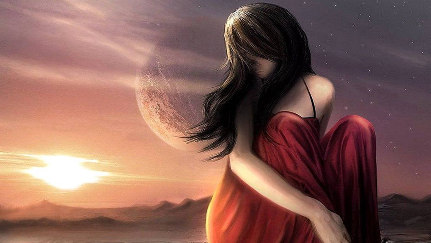 anime girl, red dress, massive moon, HD Desktop Wallpaper