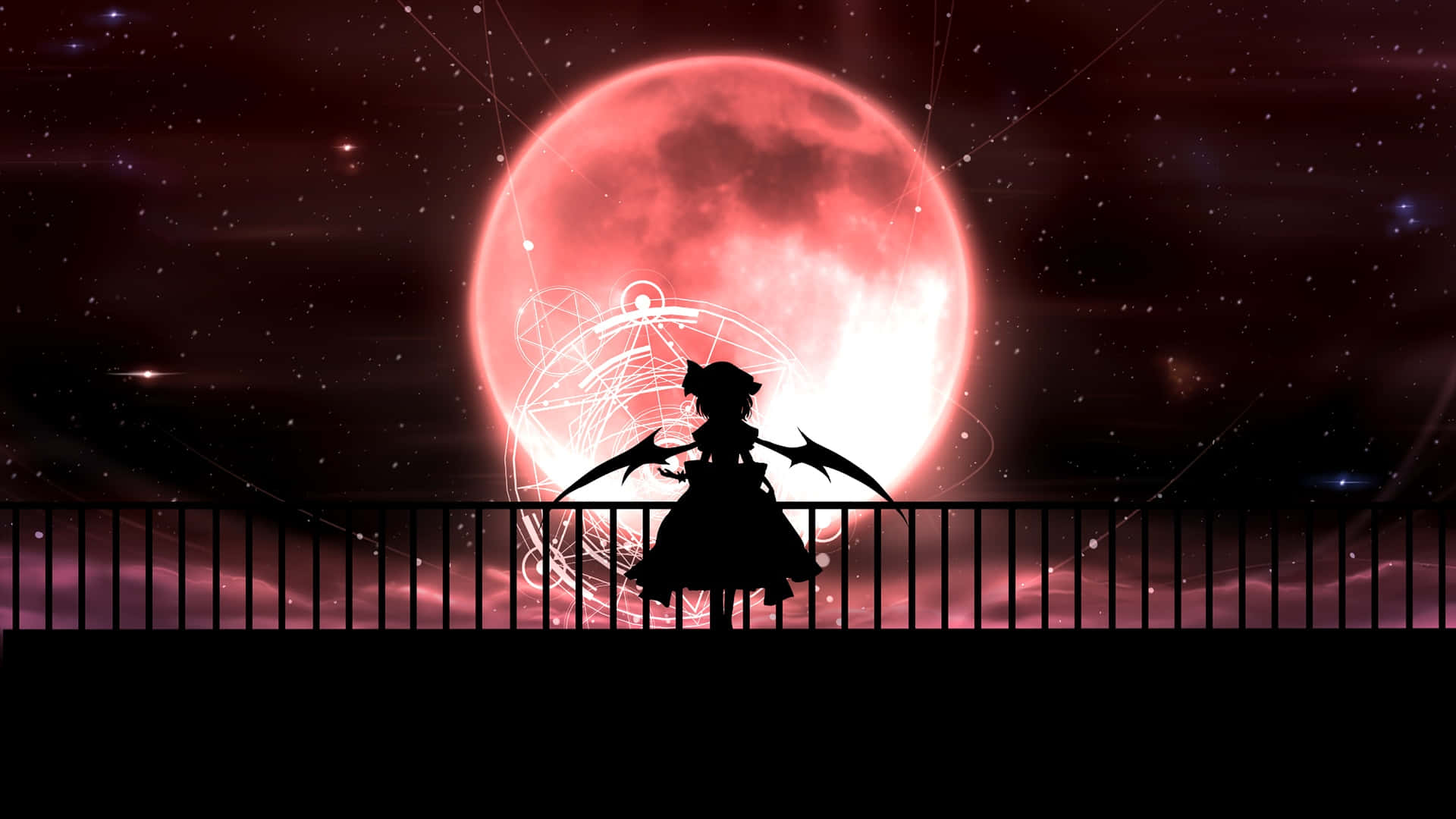 Anime Red Moon, winged figure, glowing red moon, Full HD Desktop Wallpaper