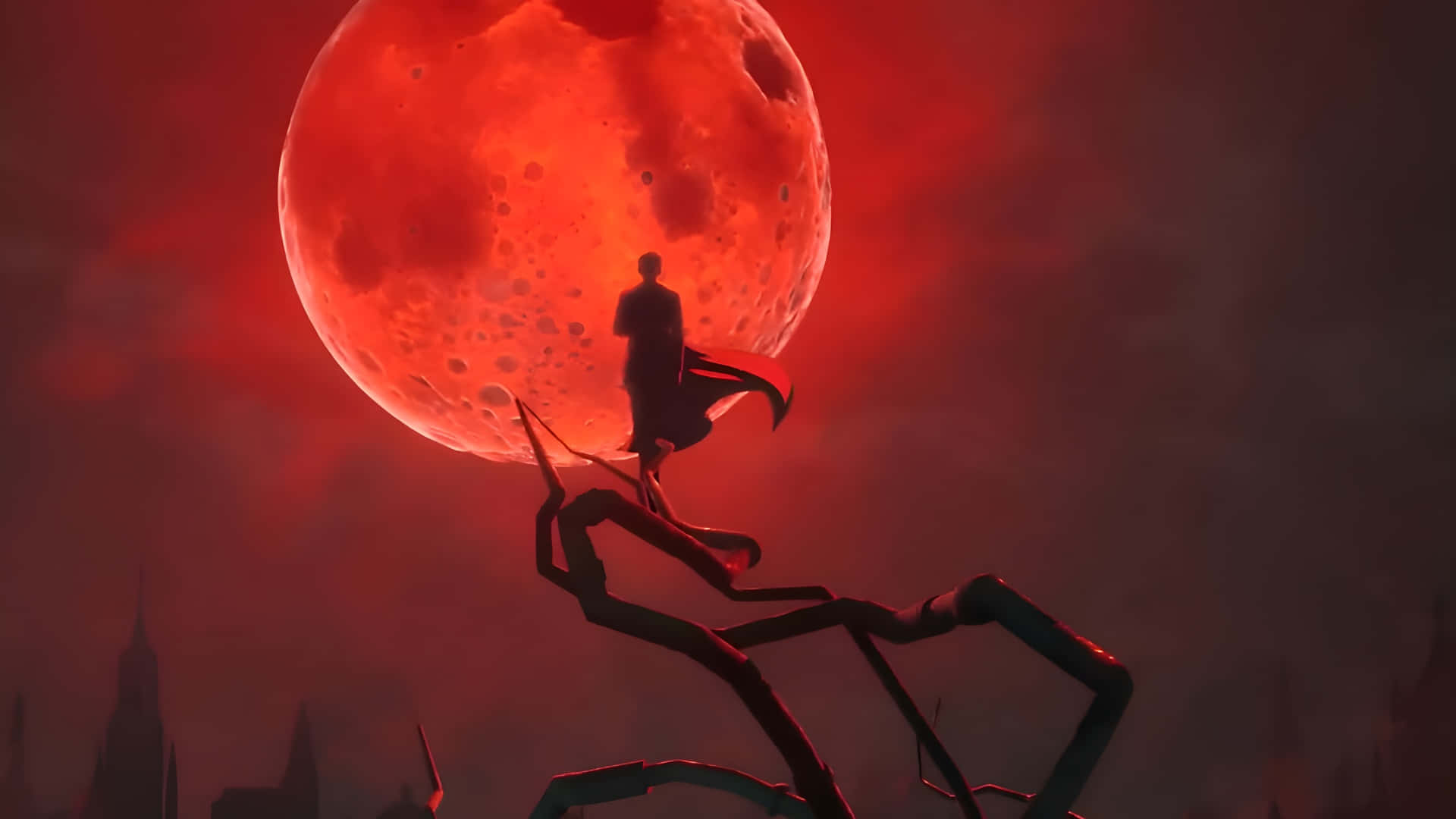 Anime Red Moon, glowing red moon, lone figure, Full HD Desktop Wallpaper