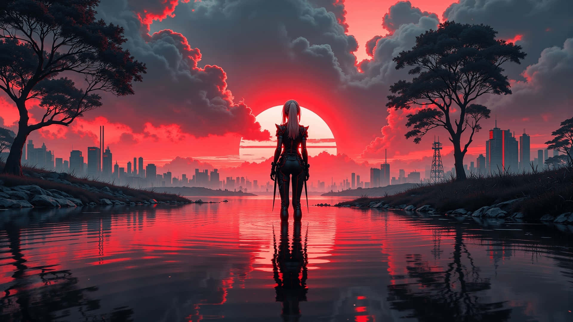 Red Moon Anime Scene, armored warrior, glowing red sun, Full HD Desktop Wallpaper