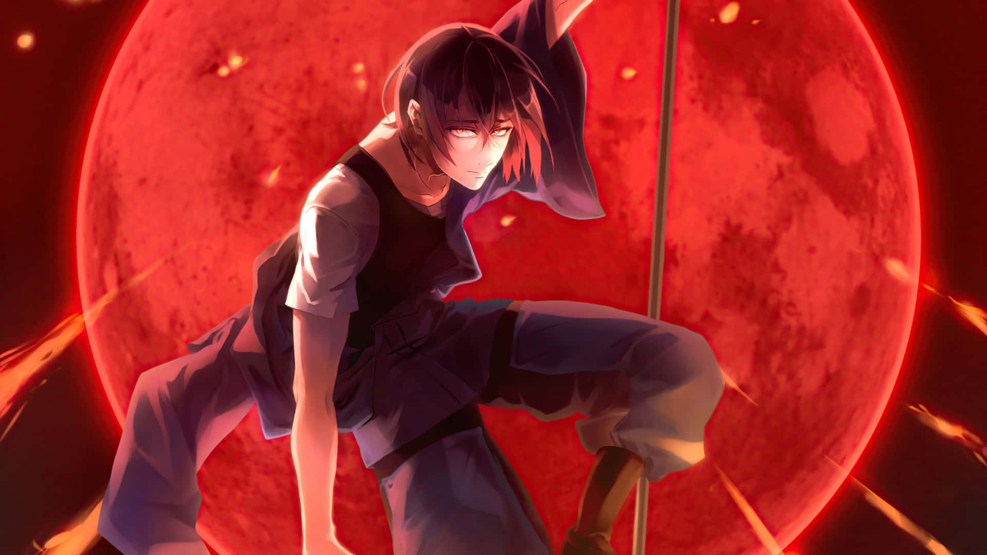 Anime Red Moon, red eyes, dark hair, Full HD Desktop Wallpaper