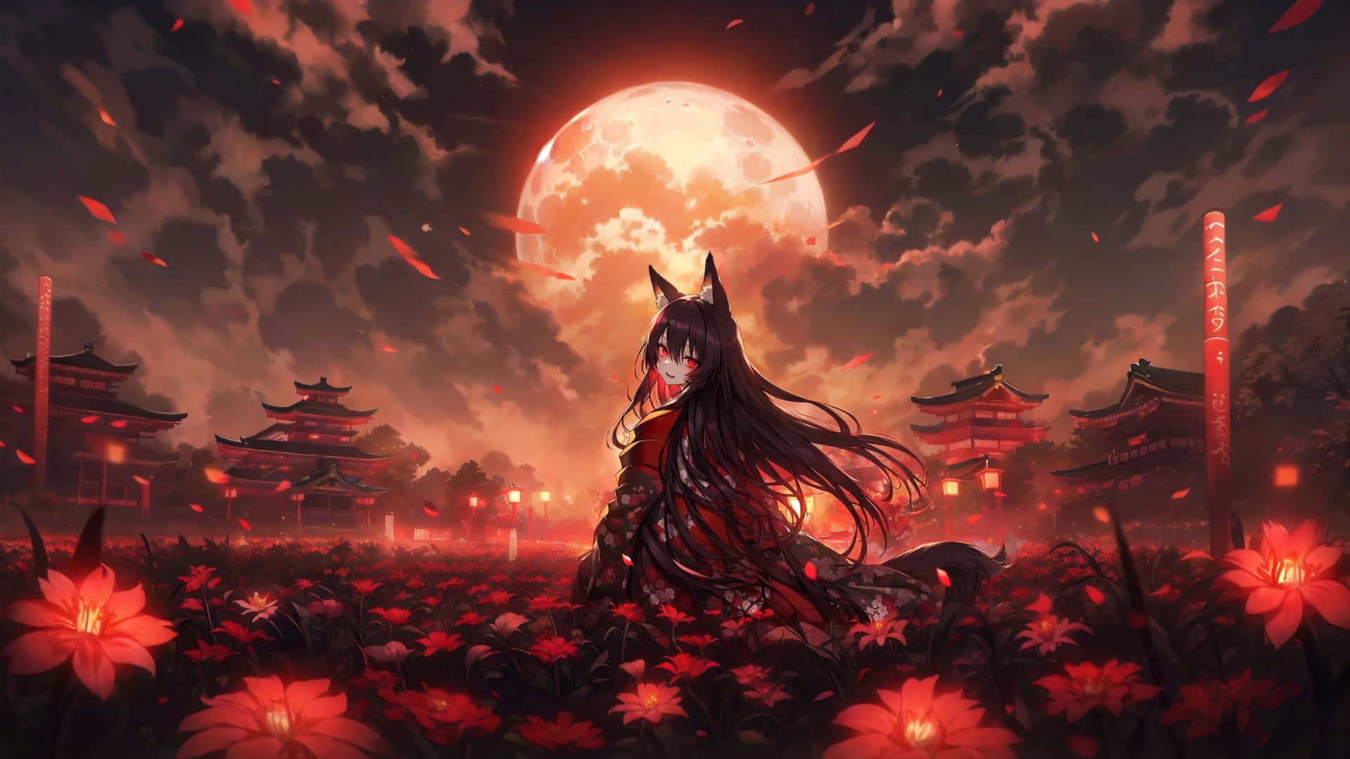 anime girl, red kimono, glowing red flowers, Full HD Desktop Wallpaper