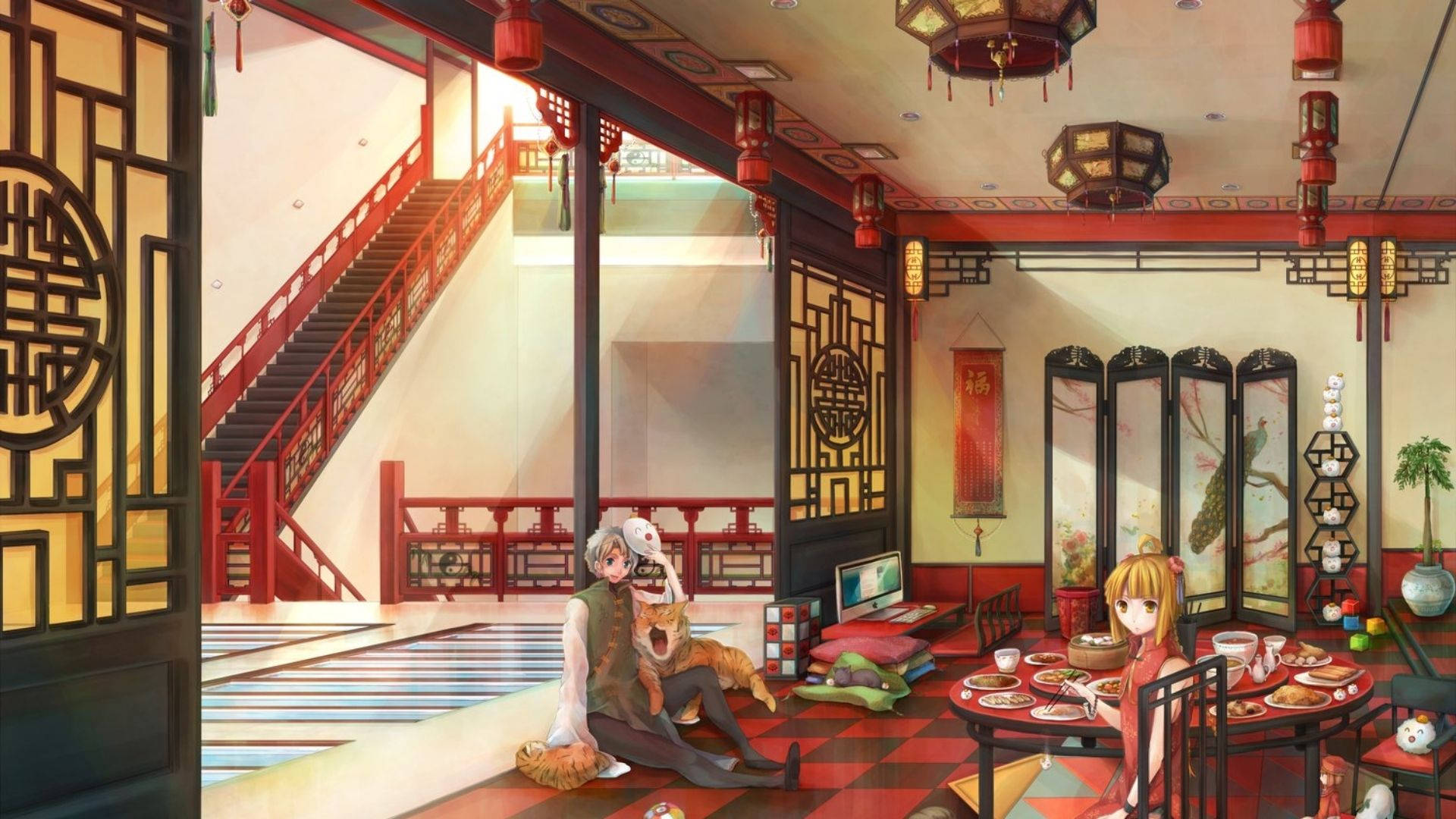 dining anime room, traditional Chinese-style room, red lanterns, Full HD Desktop Wallpaper