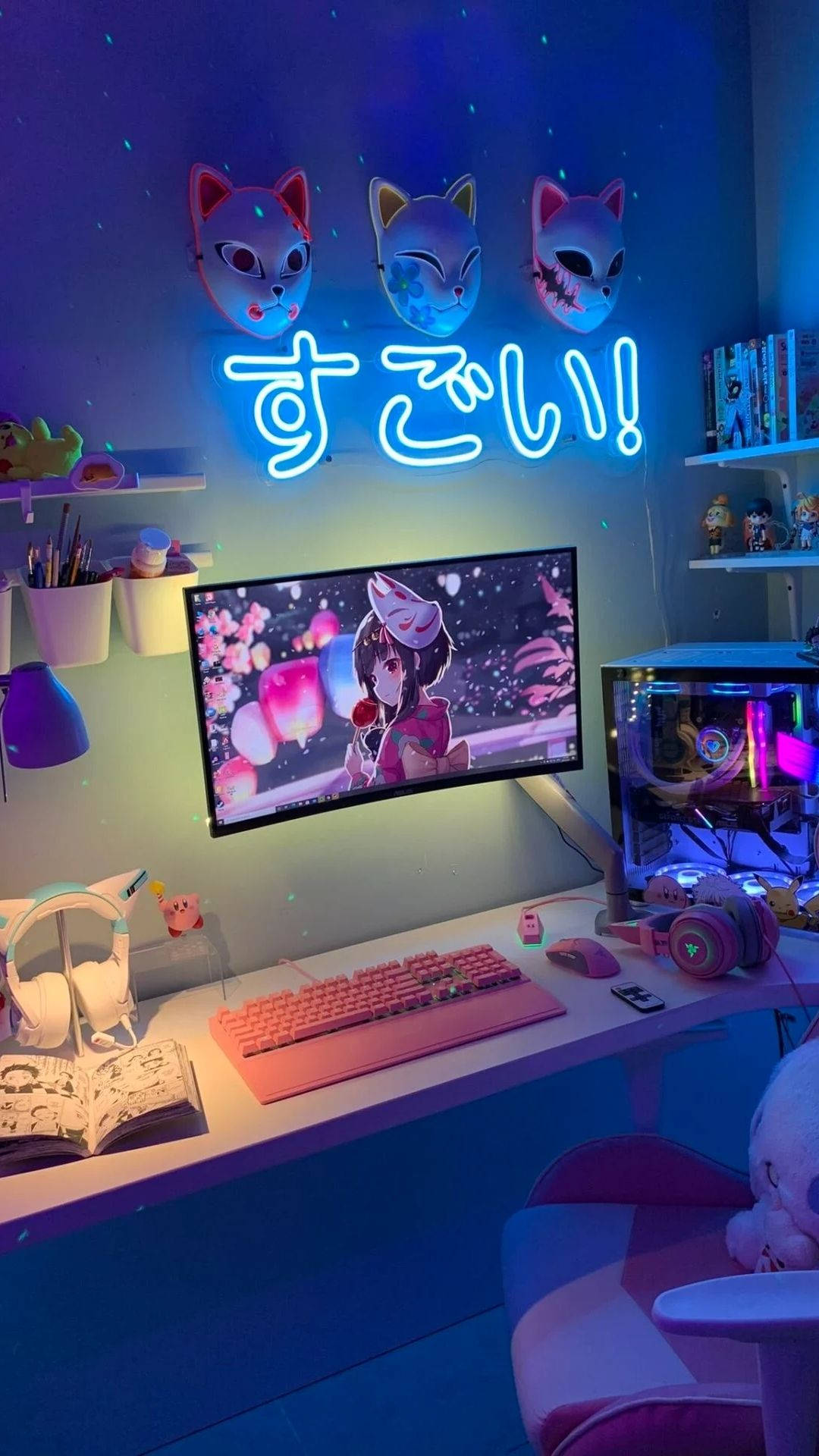 Anime Room, gamer, glowing blue neon sign, Full HD Phone Wallpaper