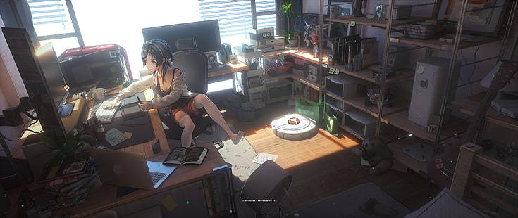 anime girl, laptop, robot vacuum, SD Desktop Wallpaper