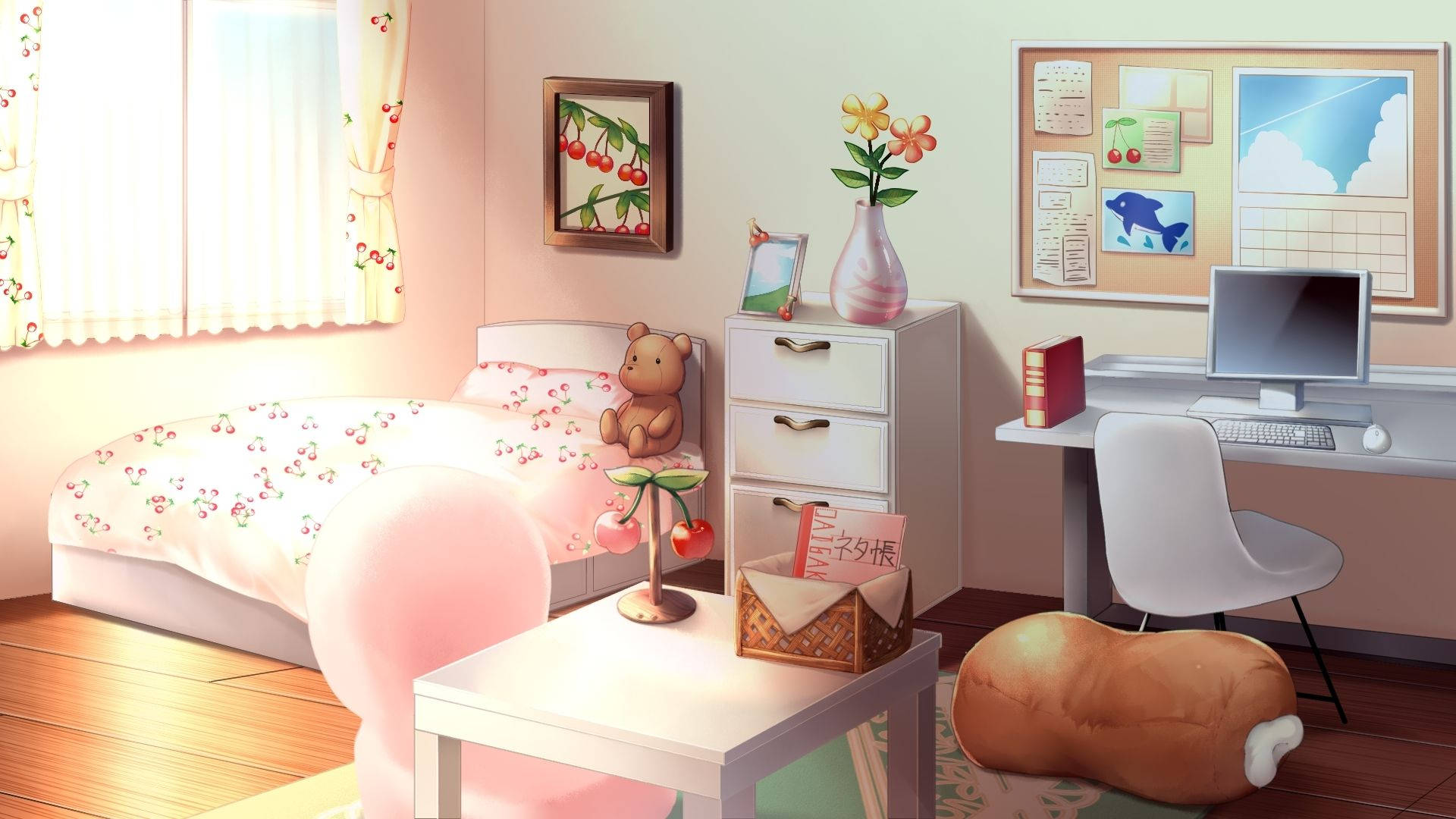 girly anime room, anime-style bedroom, soft morning light, Full HD Desktop Wallpaper